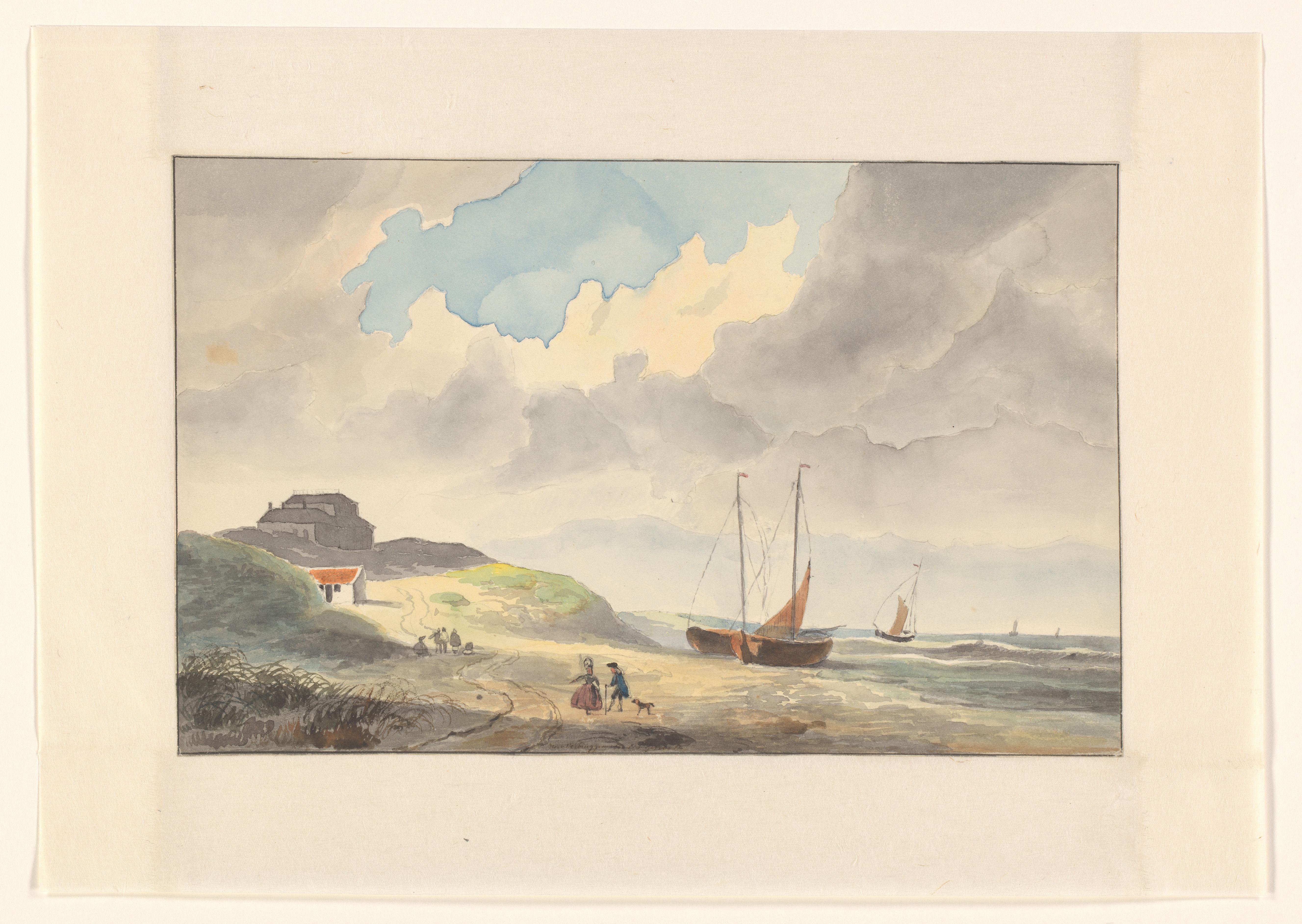 Kustgezicht met schepen op het strand