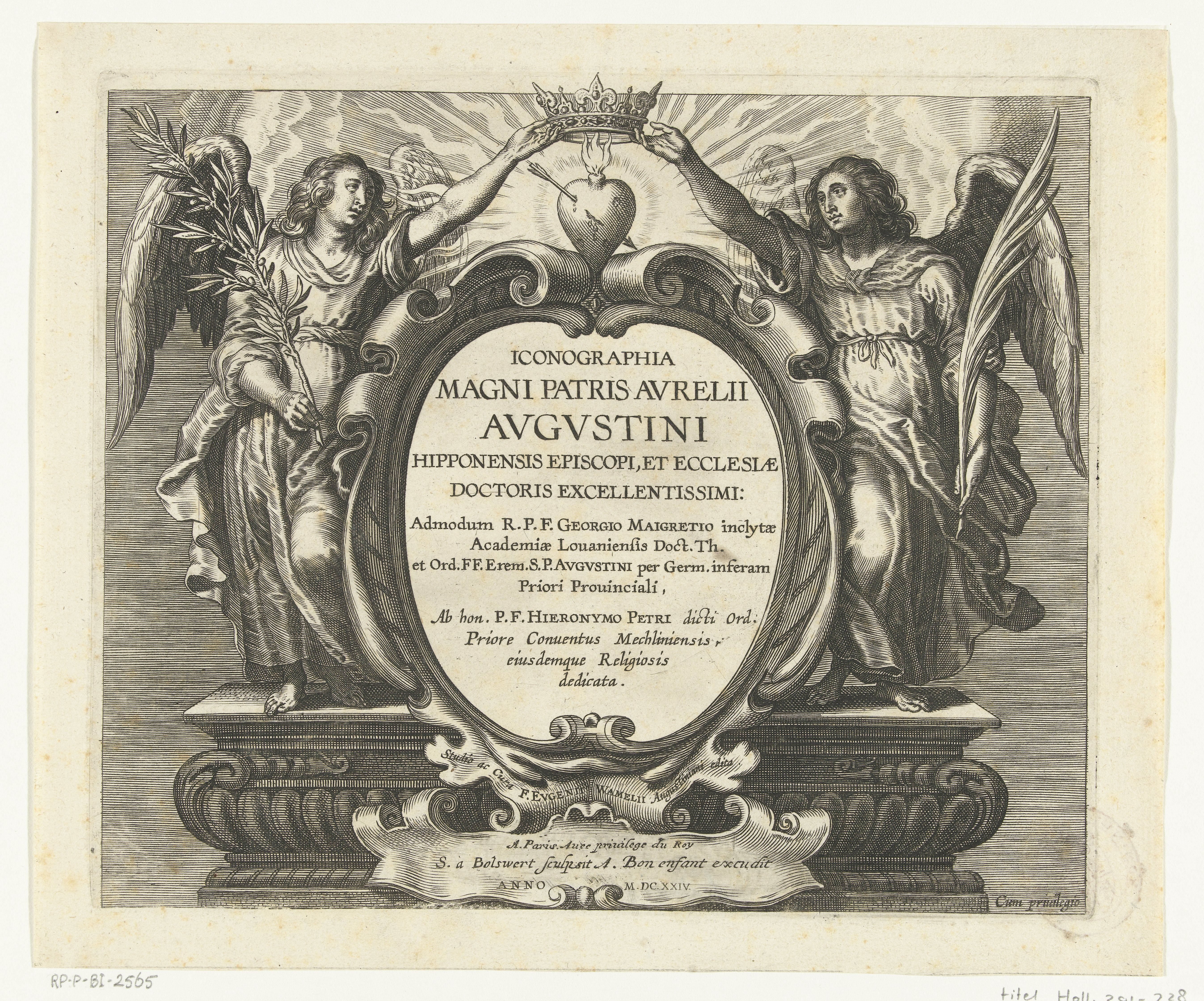 Cartouche met titel geflankeerd door twee engelen die kroon vasthouden boven brandend hart