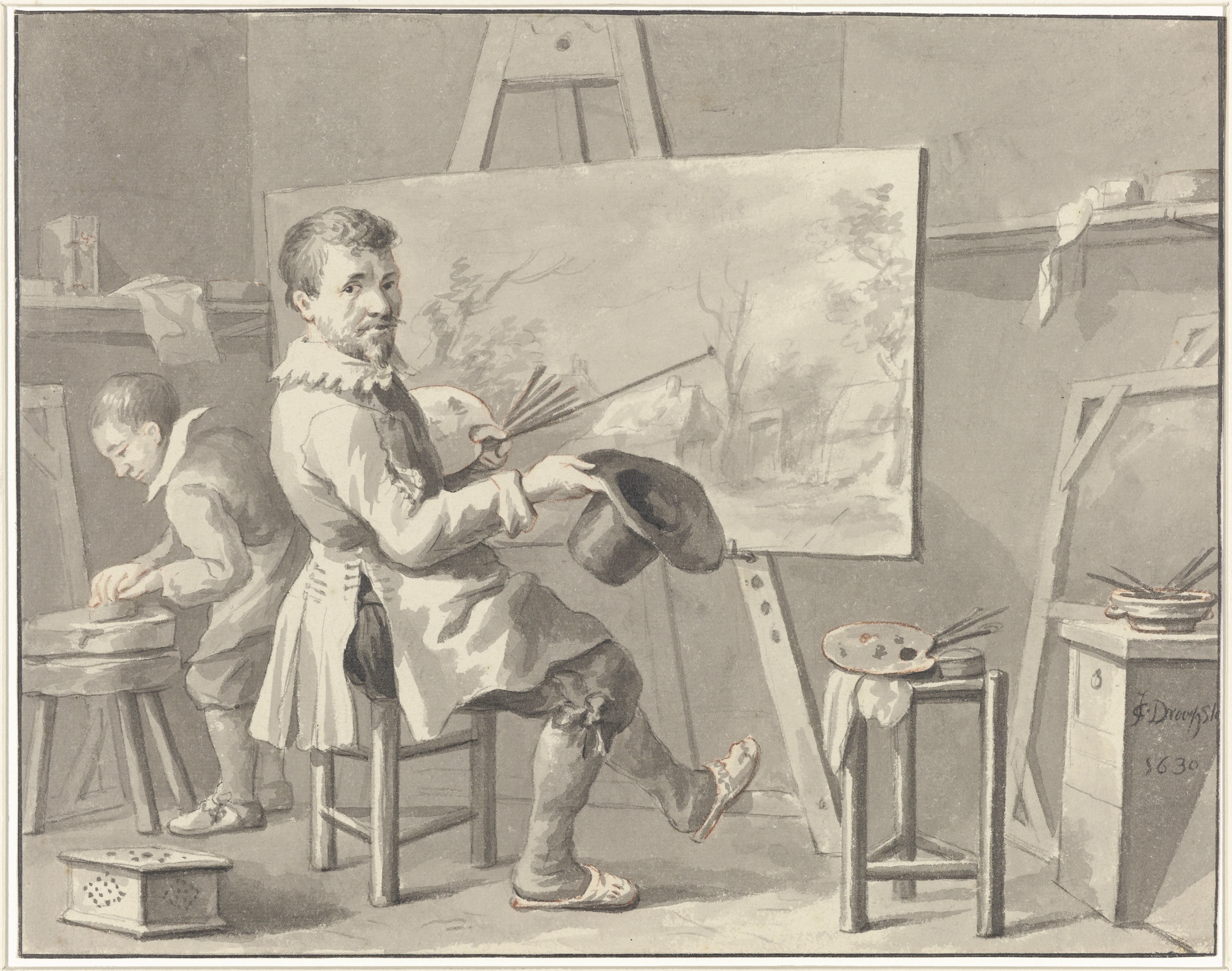 Portret van Joost Corneliszn. Droochsloot in zijn atelier zittende achter een ezel met landschap