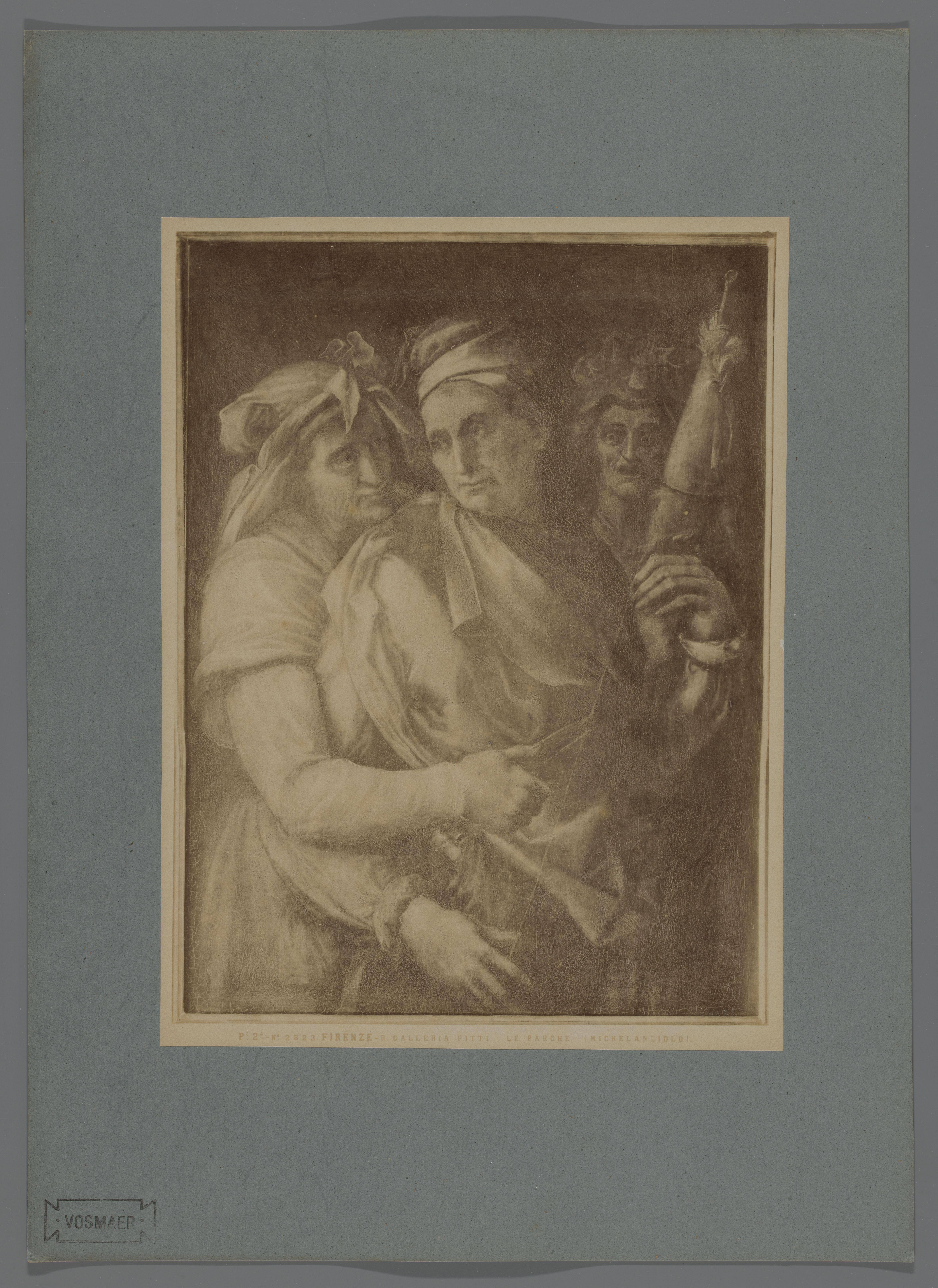 Fotoreproductie van schilderij Le Tre Parche door Rosso Fiorentino in de Galleria Palatina te Florence, Italië