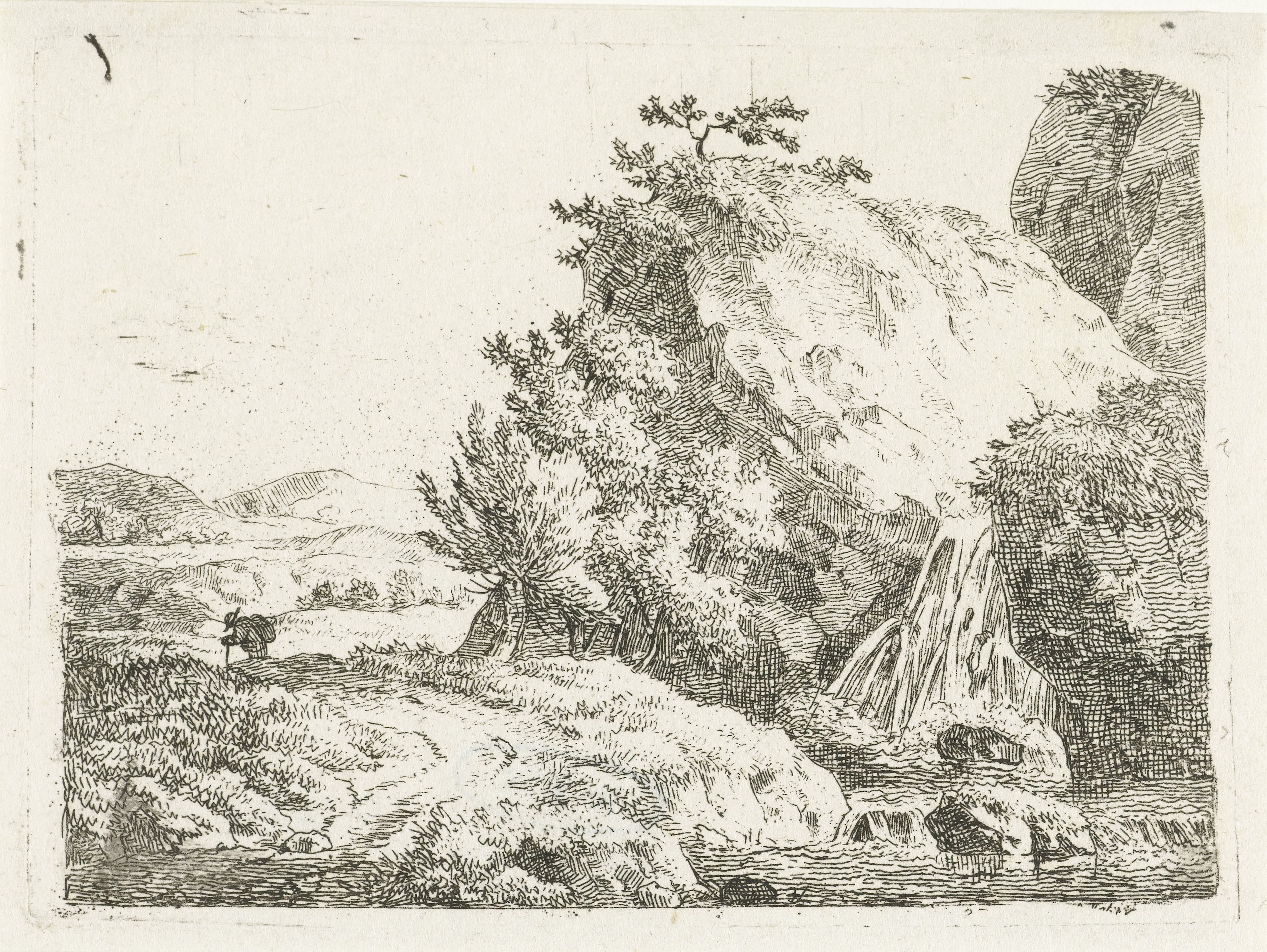 Berglandschap met waterval en wandelaar