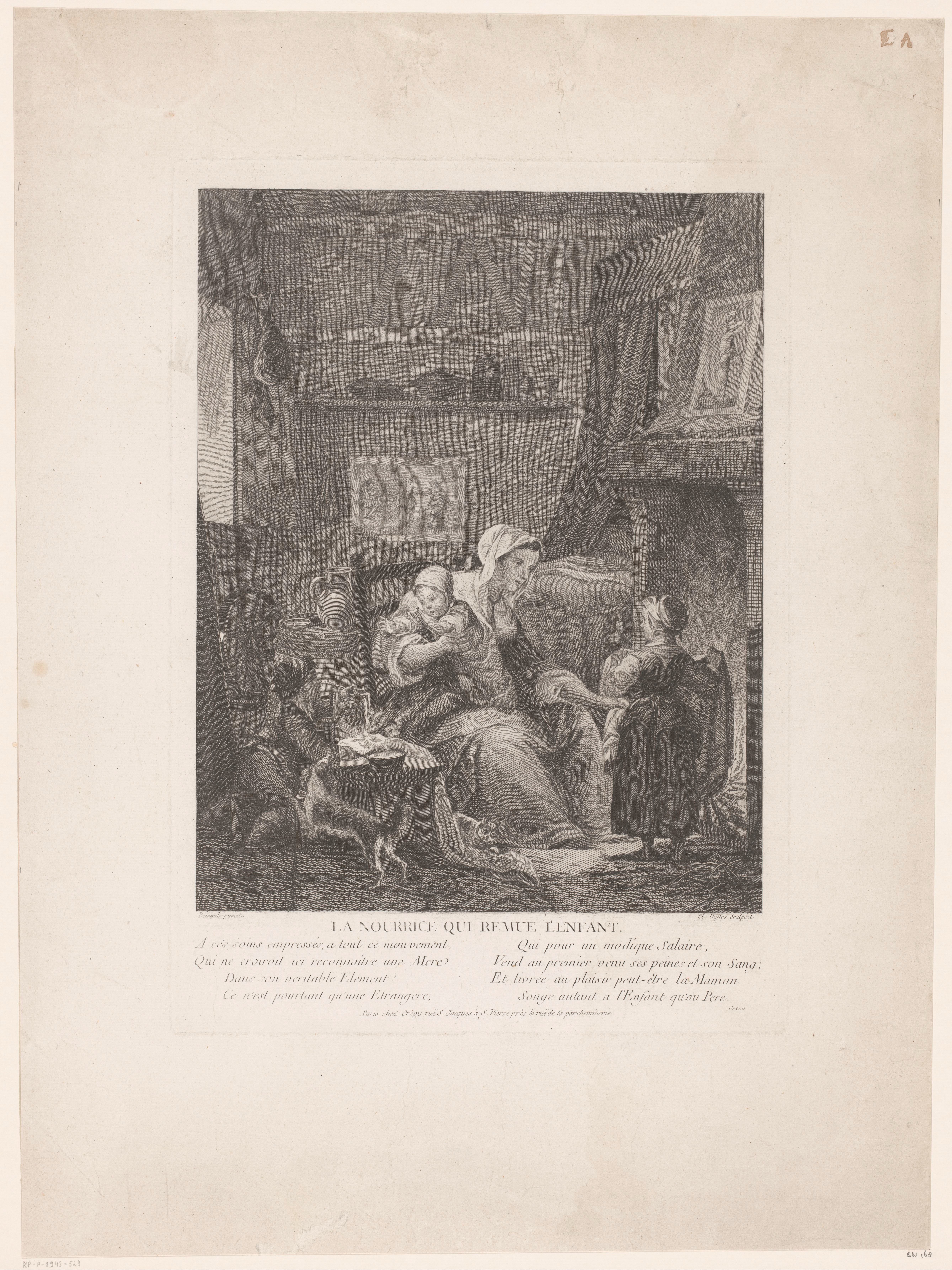 Interieur met min en kinderen aan het haardvuur
