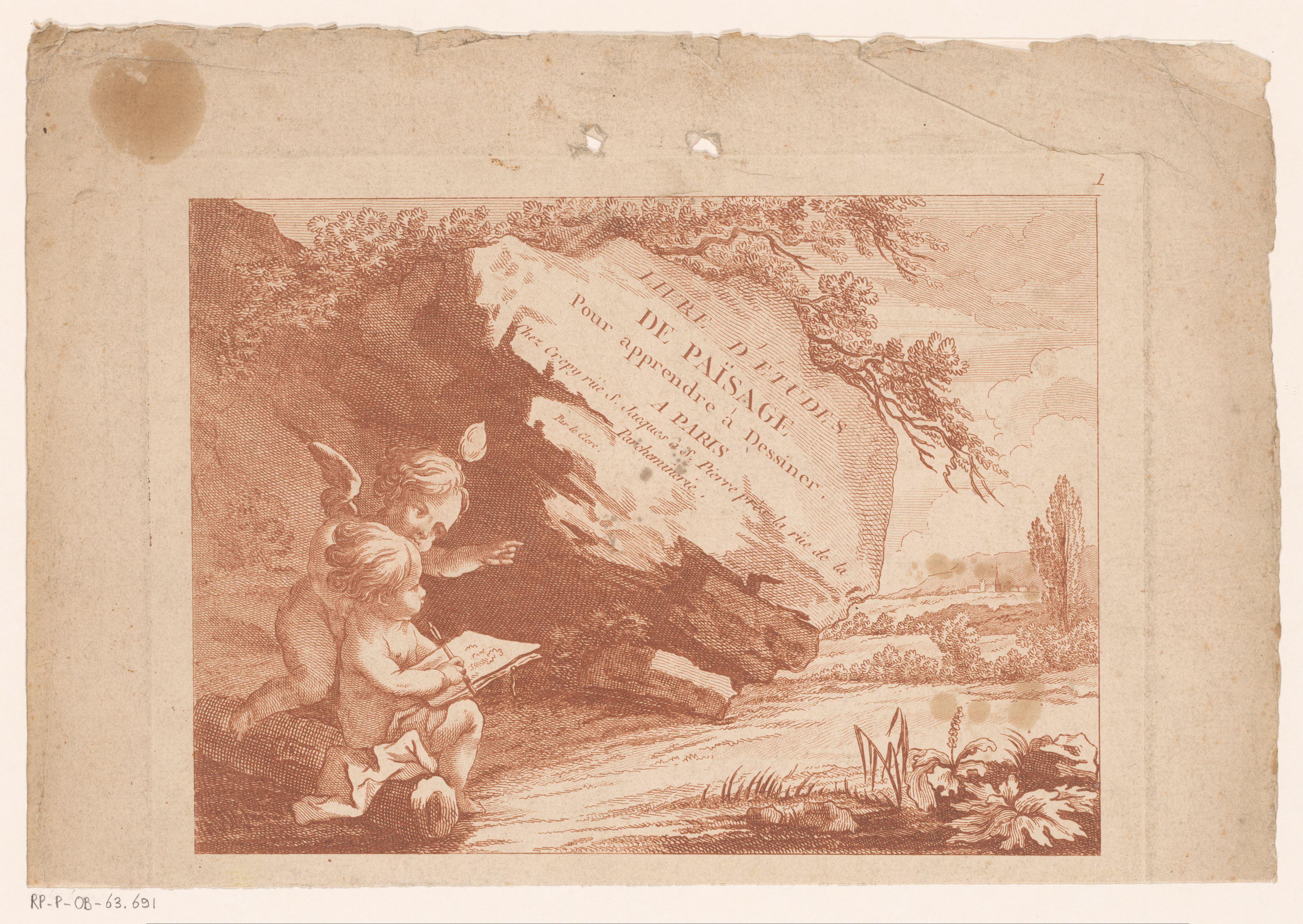 Titelprent twee putti voor een steen in een landschap