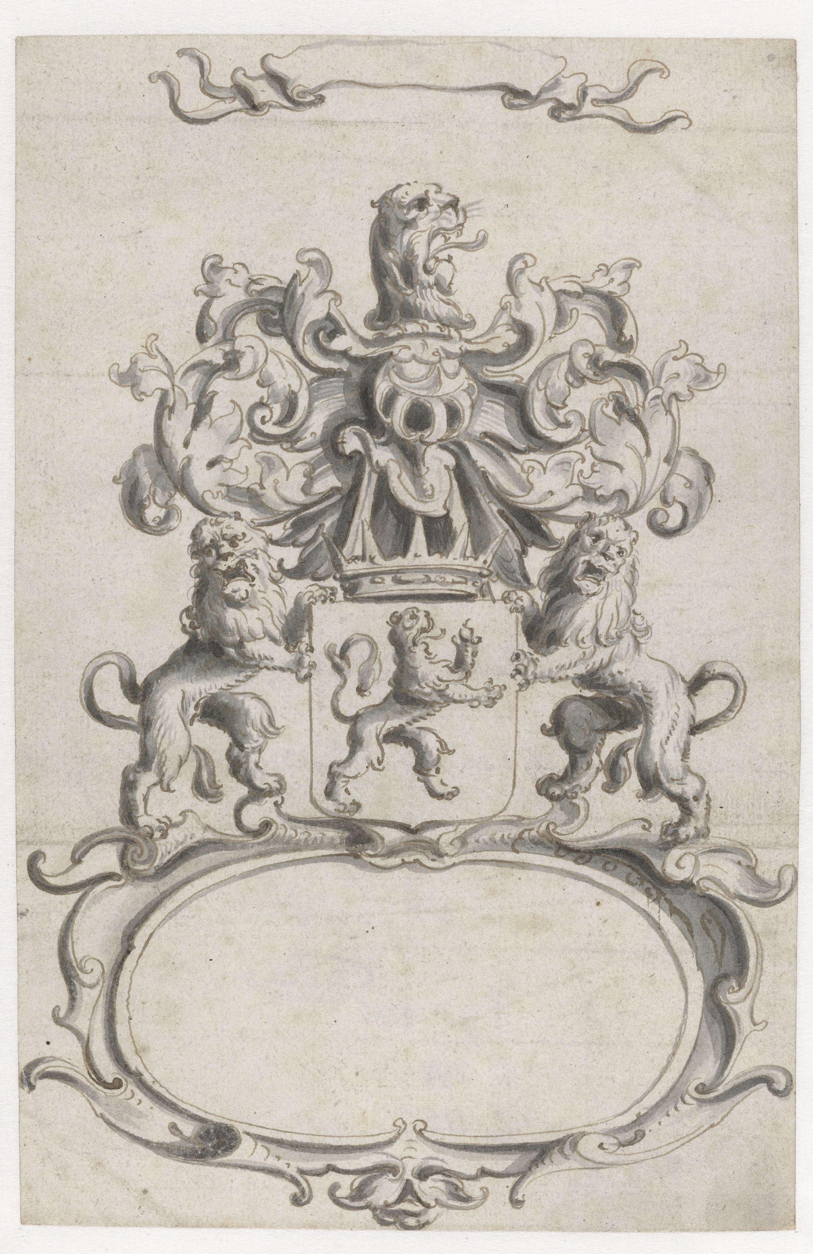 Ovale cartouche met wapen tussen twee leeuwen