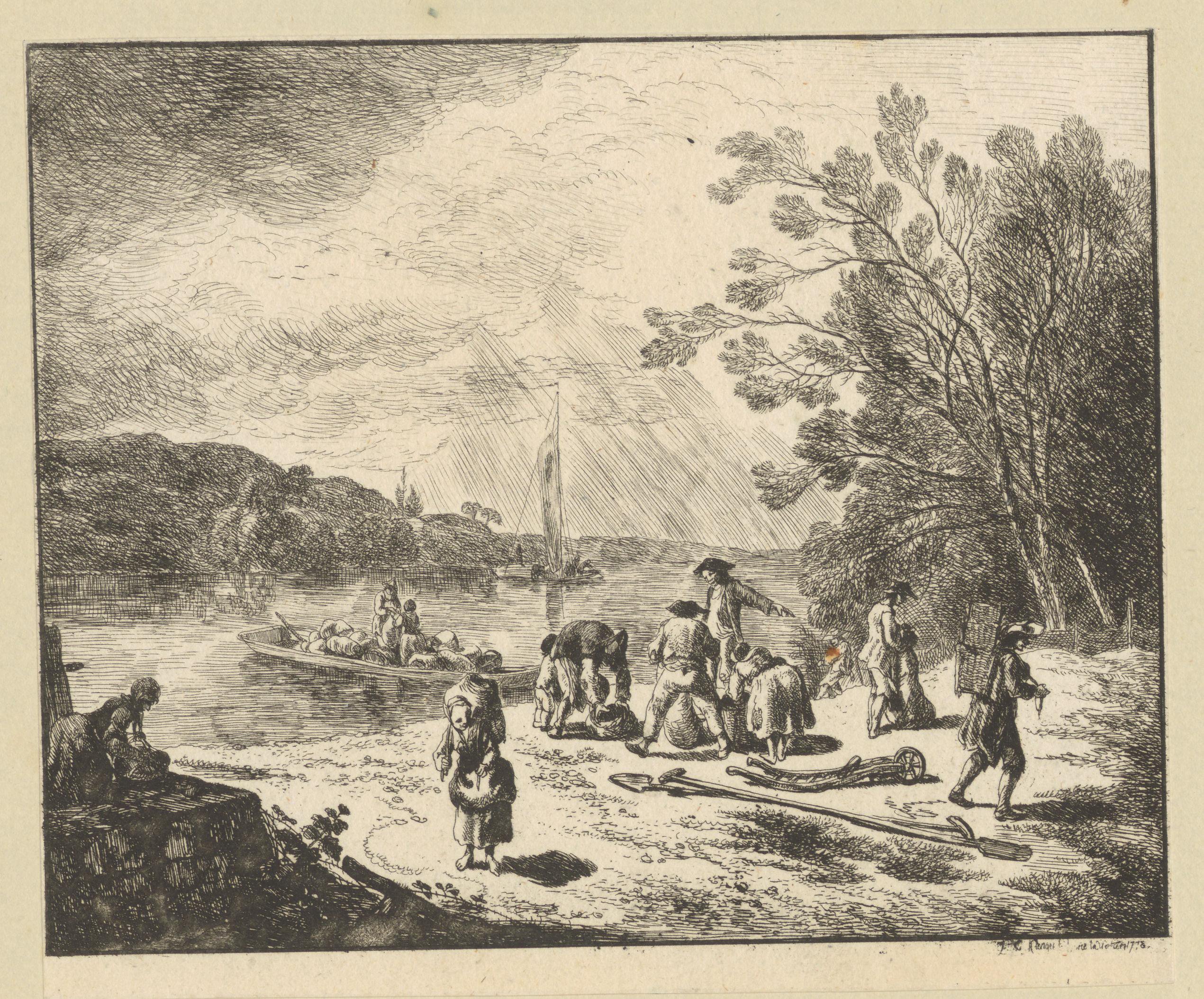 Landschap met oever waar mannen spullen van een boot laden