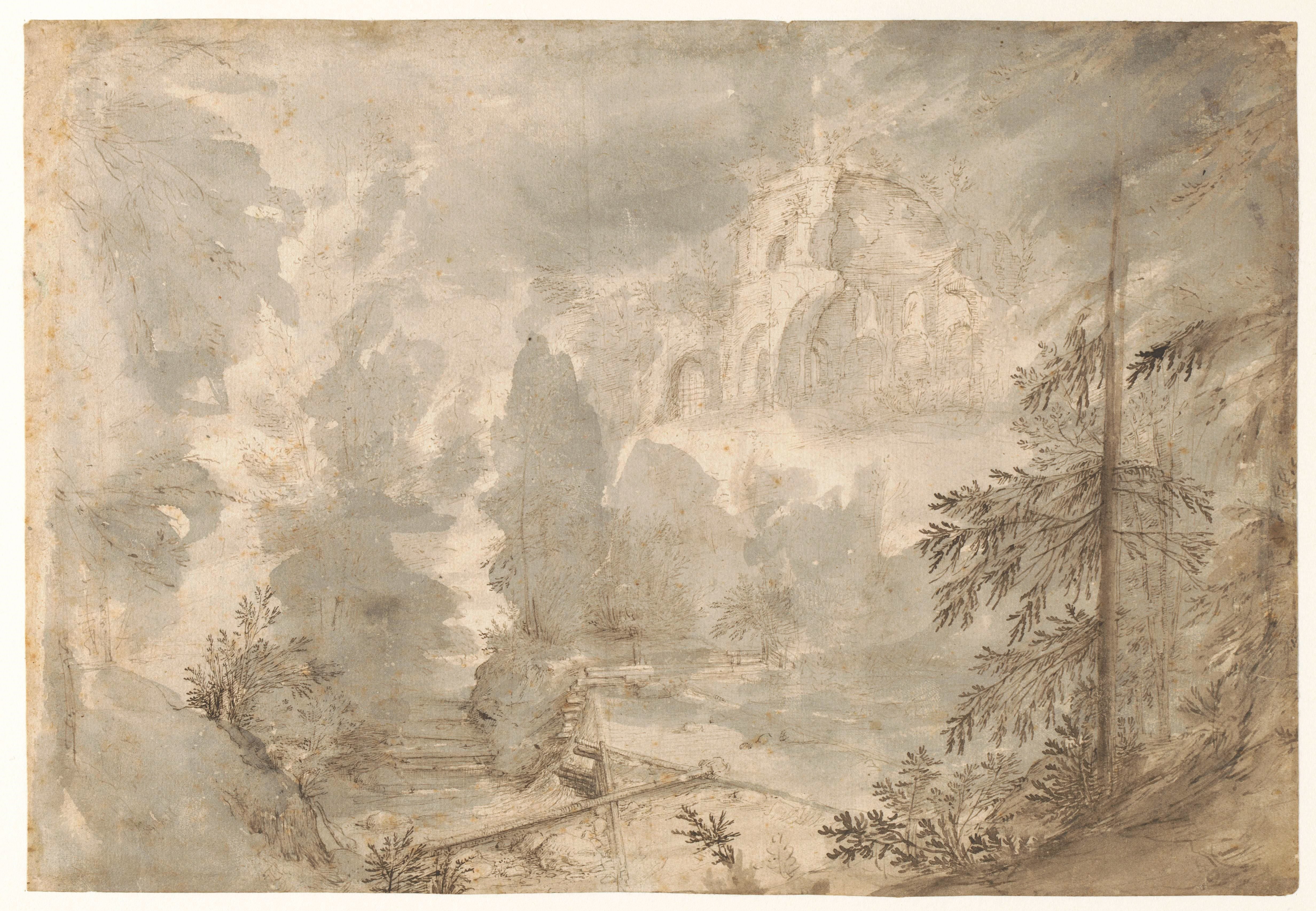 Bergachtig landschap met ruïne