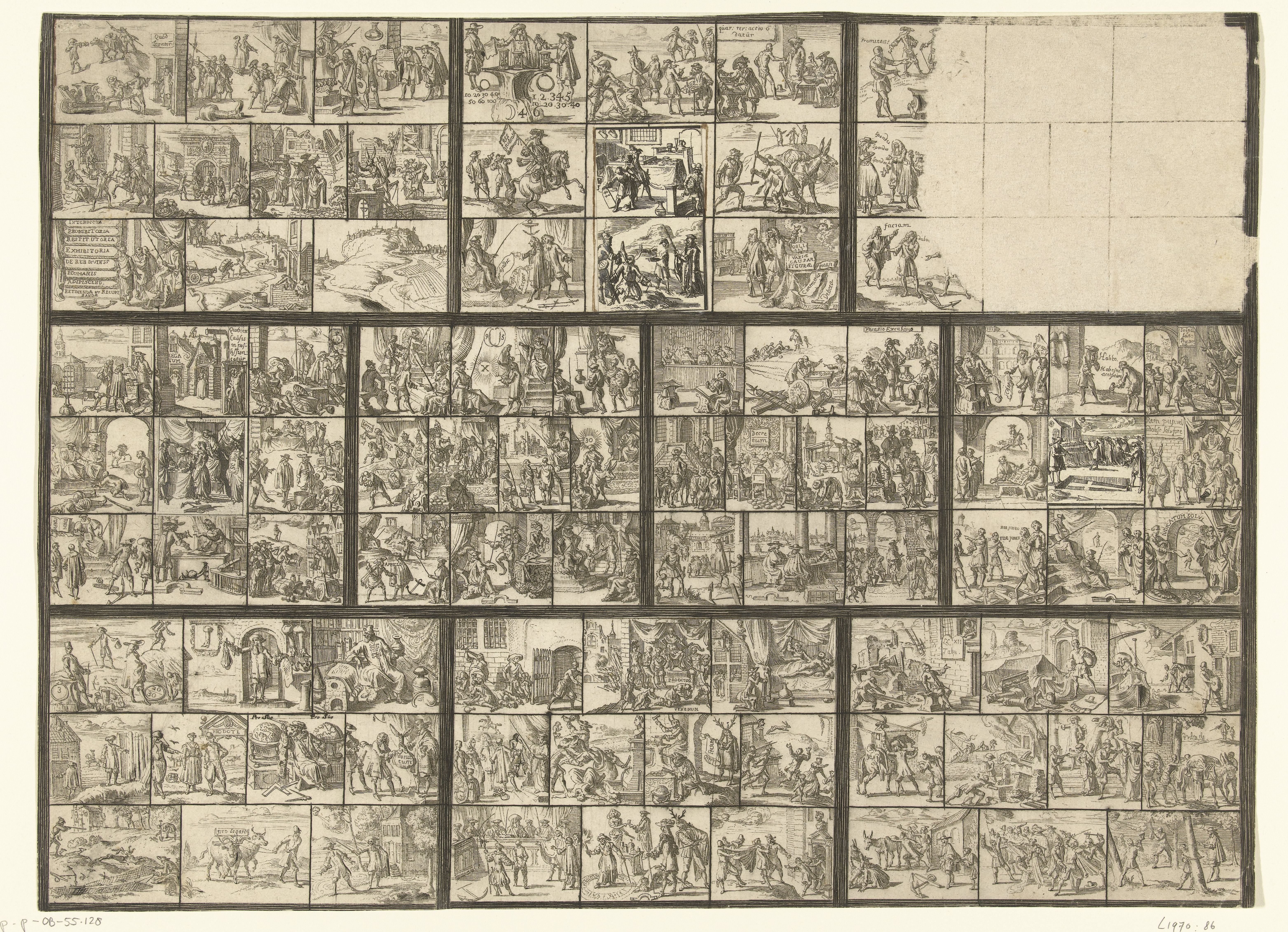 Blad met tientallen kleine voorstellingen van juridische aard (illustraties voor 'Ars magna et admirabilis (...) Pandectarum tituli (...) ope figurarum emblematicarum'?)