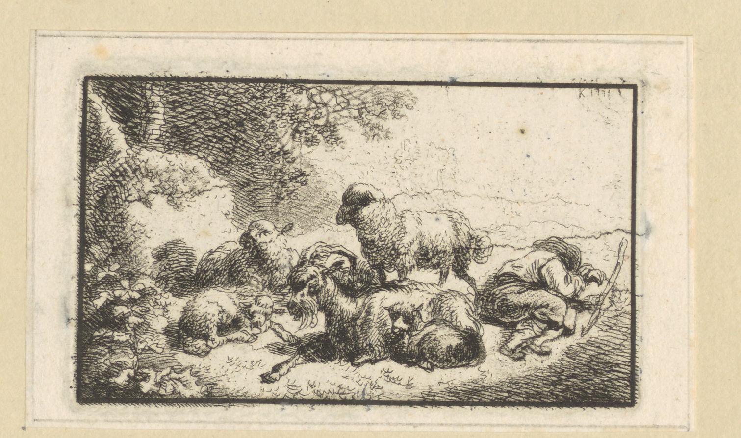 Landschap met geit en schapen bij een slapende herder