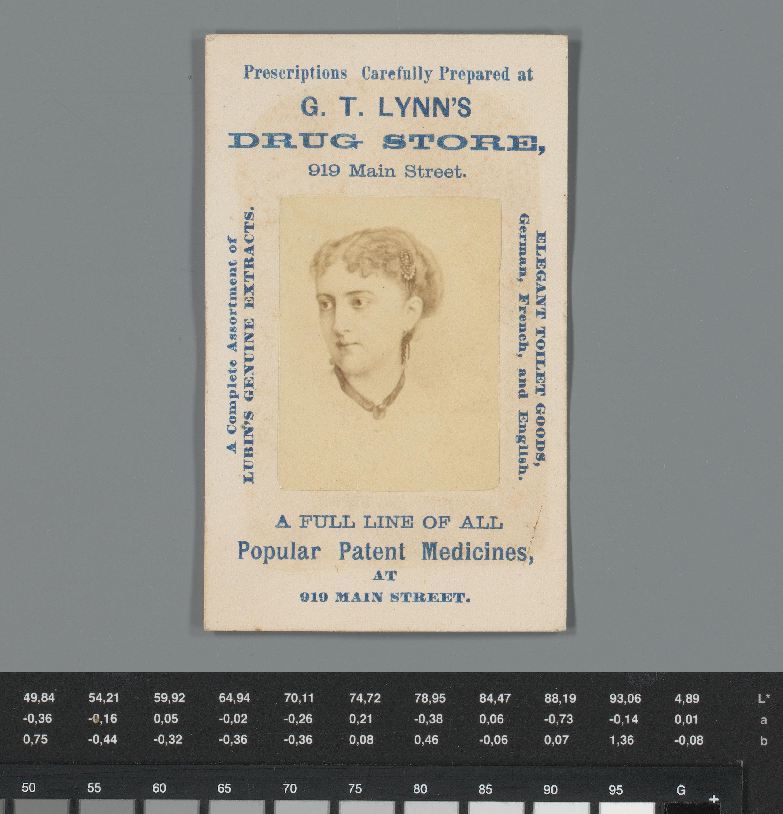 Reclame voor de drogisterij van George T. Lynn in Kansas City, Missouri, met portret van een onbekende vrouw