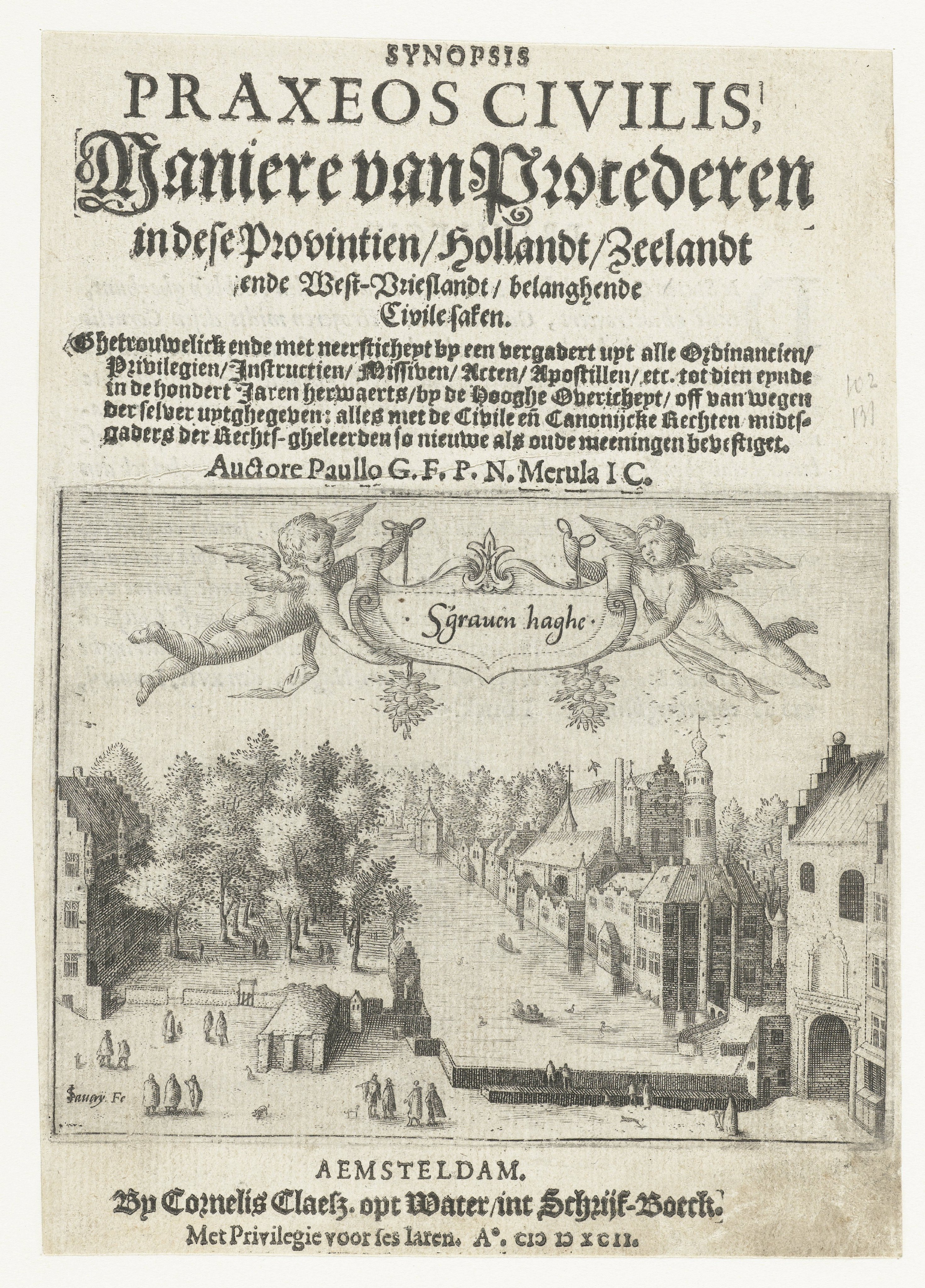 Titelblad van 'Maniere van Procederen' met een gezicht op de Vijverberg en het Binnenhof te Den Haag