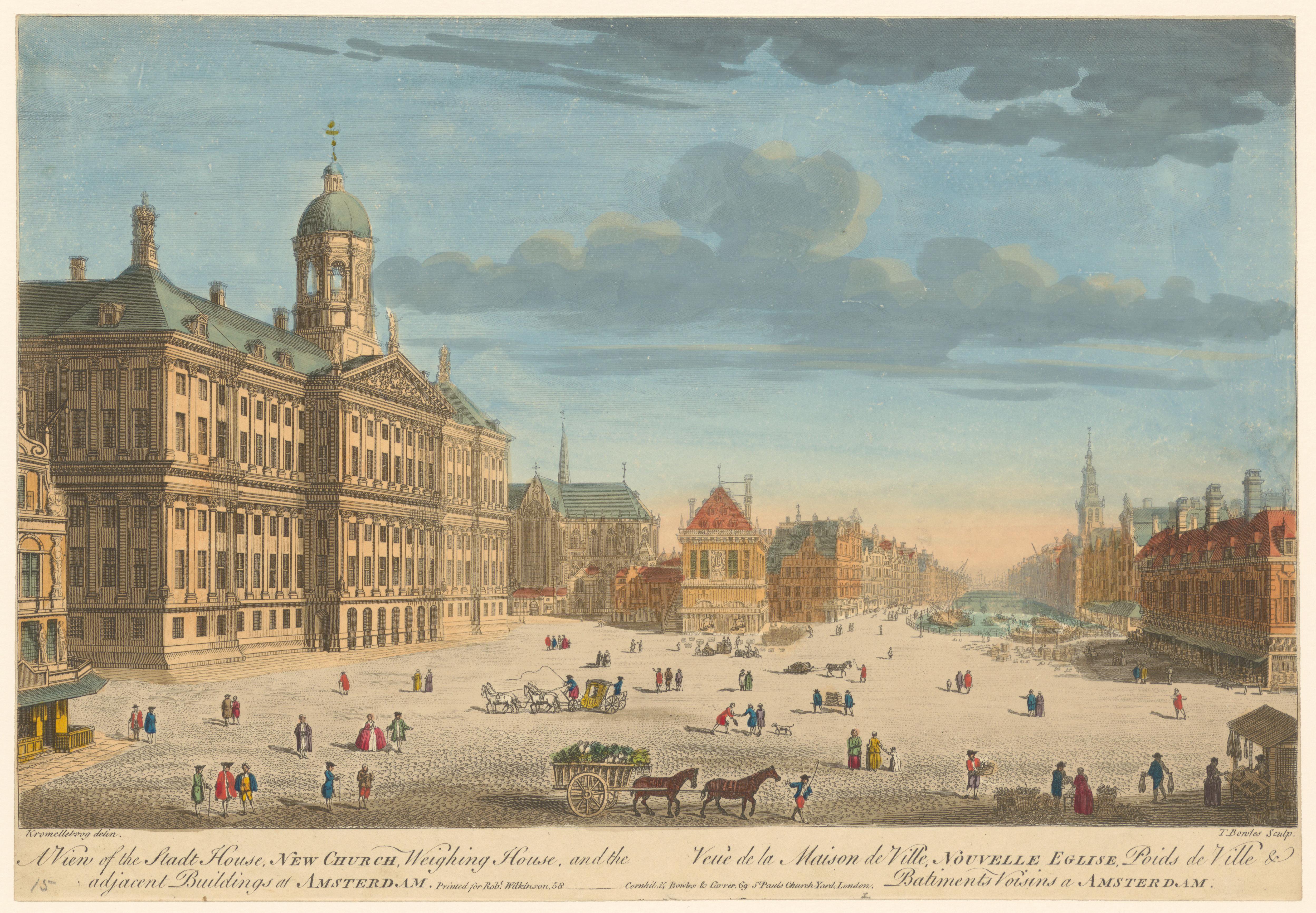Gezicht op het Stadhuis, de Nieuwe Kerk en de Waag op de Dam te Amsterdam