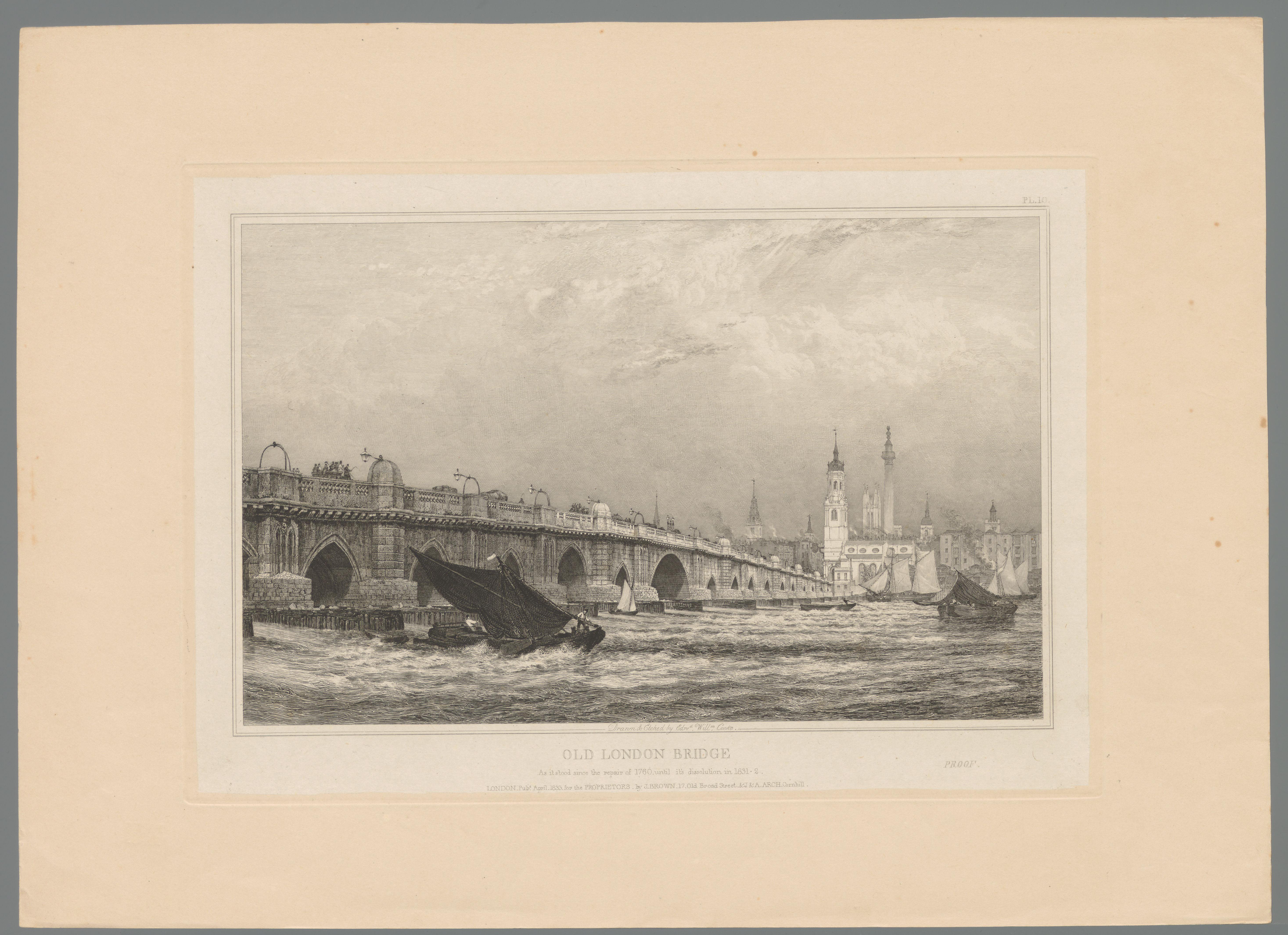Gezicht op de oude London Bridge, met het Monument en de St. Magnus-the-Martyrkerk in de achtergrond