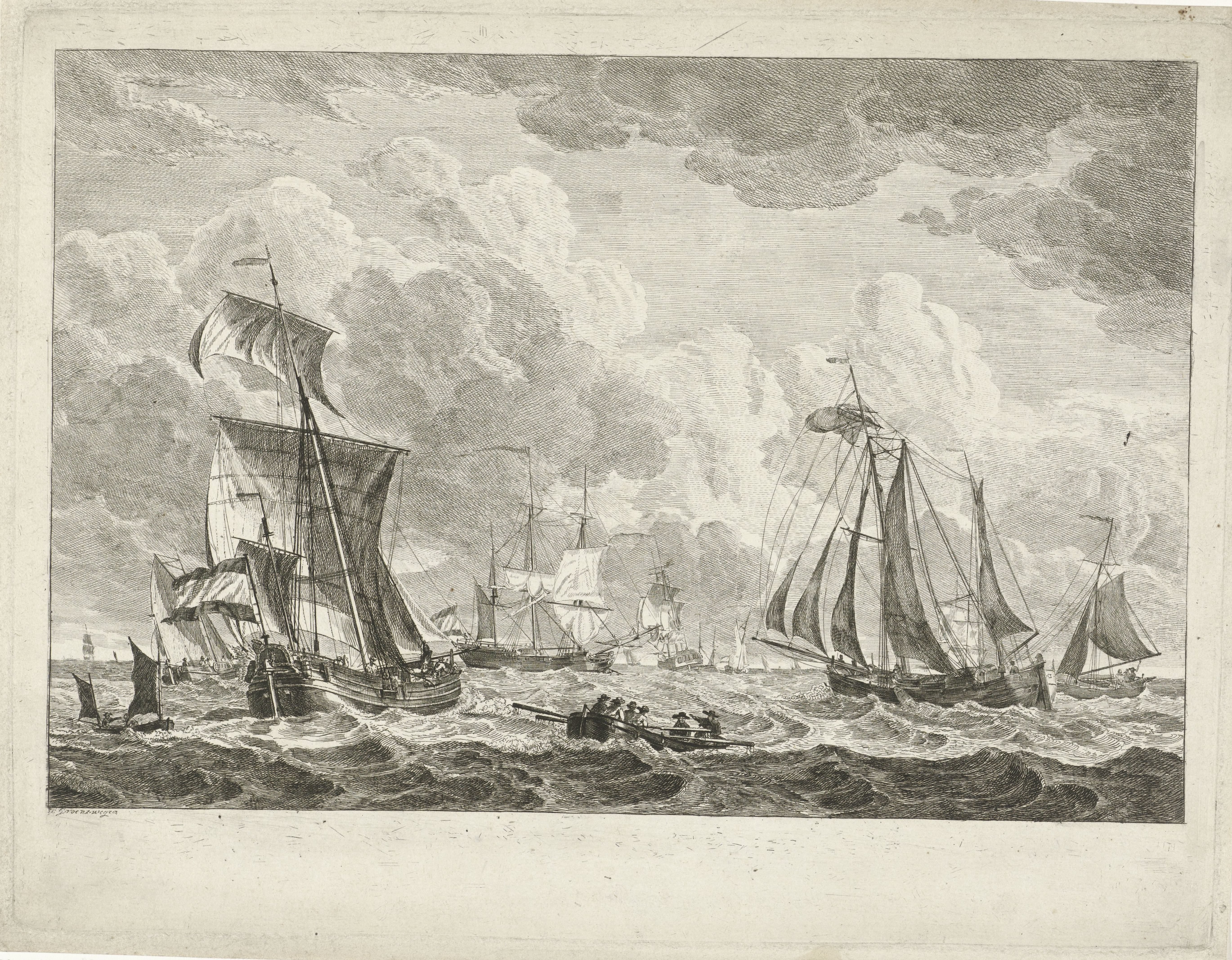Diverse zeilschepen en een roeiboot