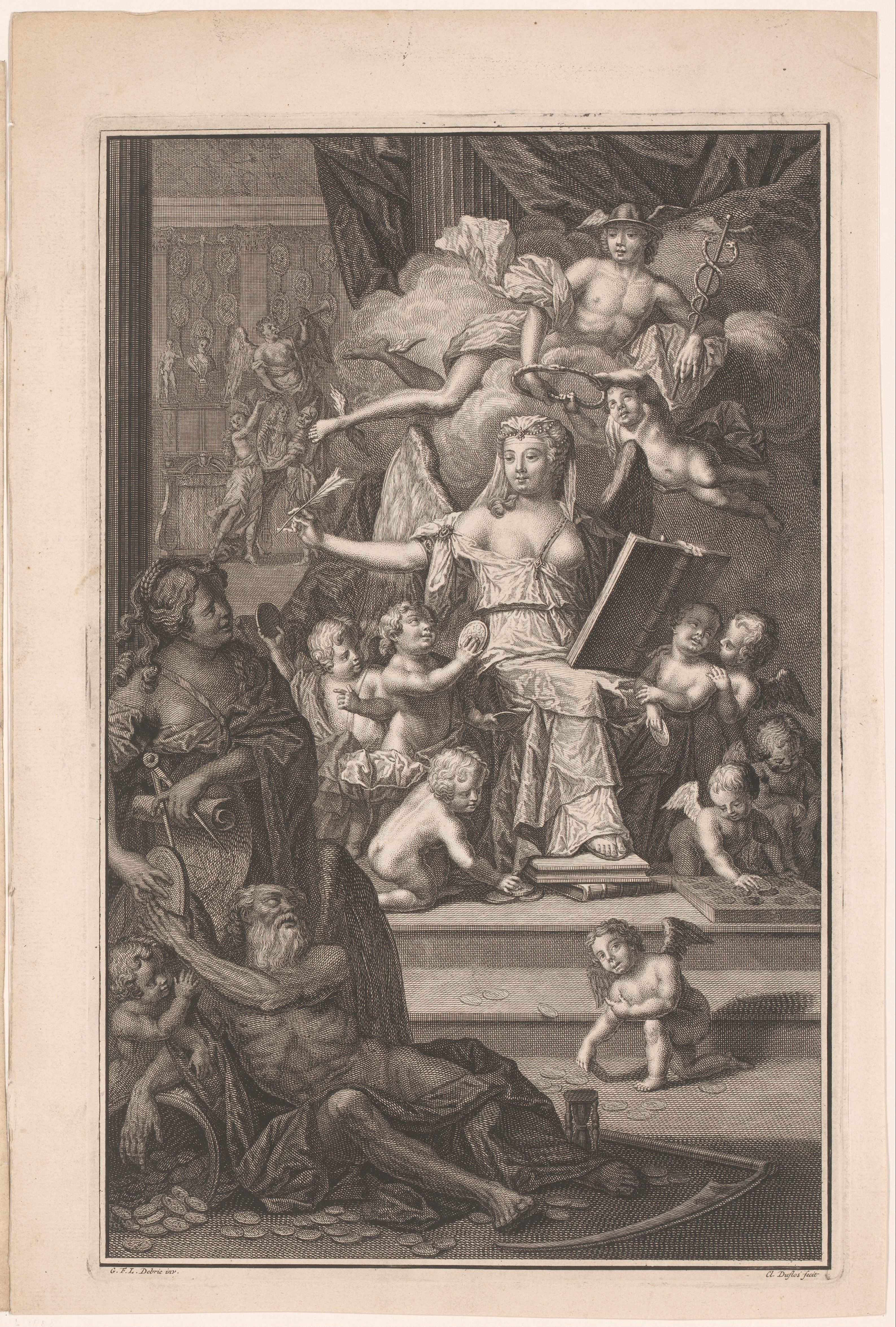 Allegorische voorstelling met door slangen gekroonde schrijvende vrouw, Mercurius, de Tijd en putti