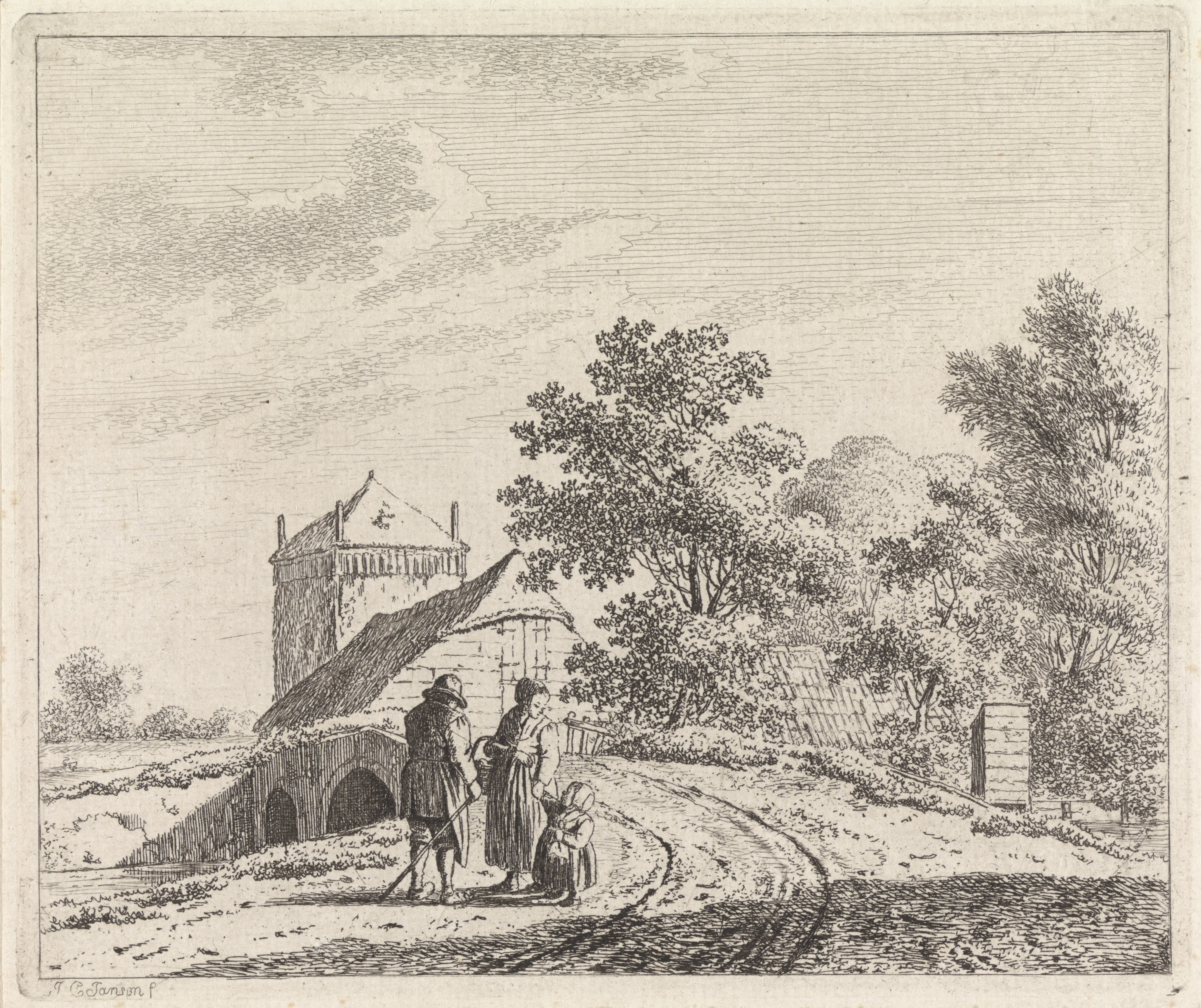 Landschap met stenen brug