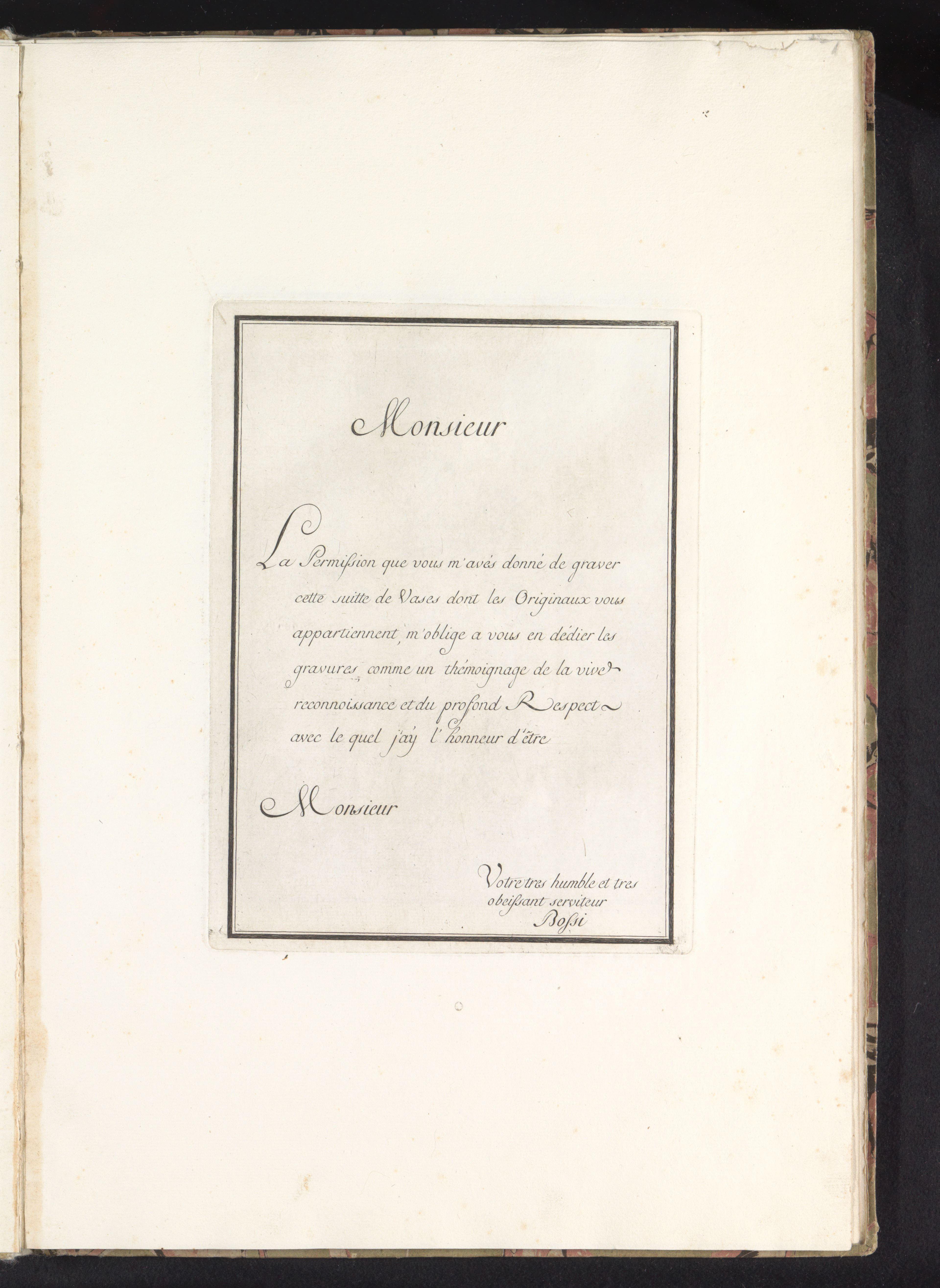 Dedicatieblad voor Suite des Vases met benoeming van de opdrachtgever en vervaardiger
