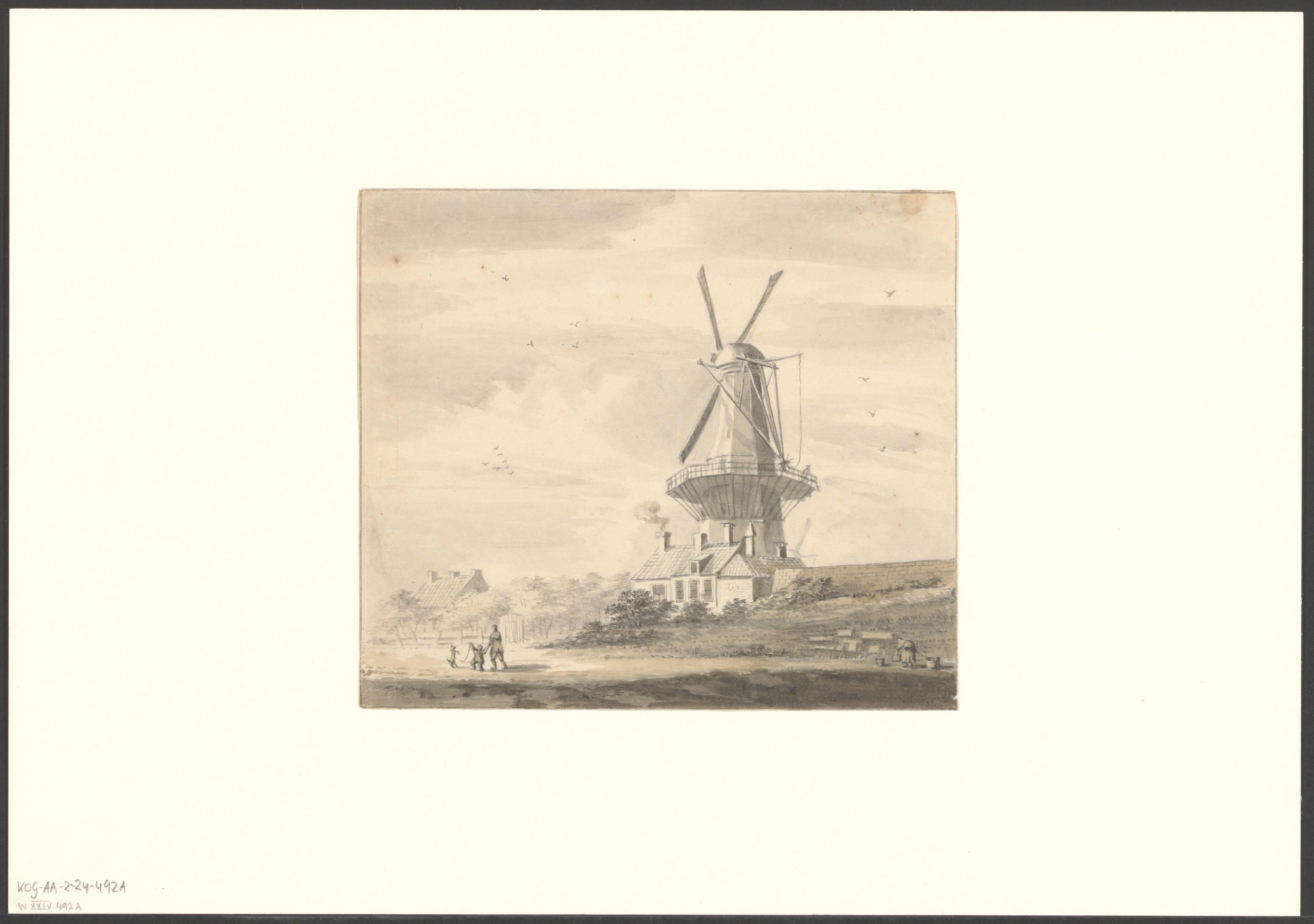 Gezicht op bolwerk Ouderkerk en molen De Haan