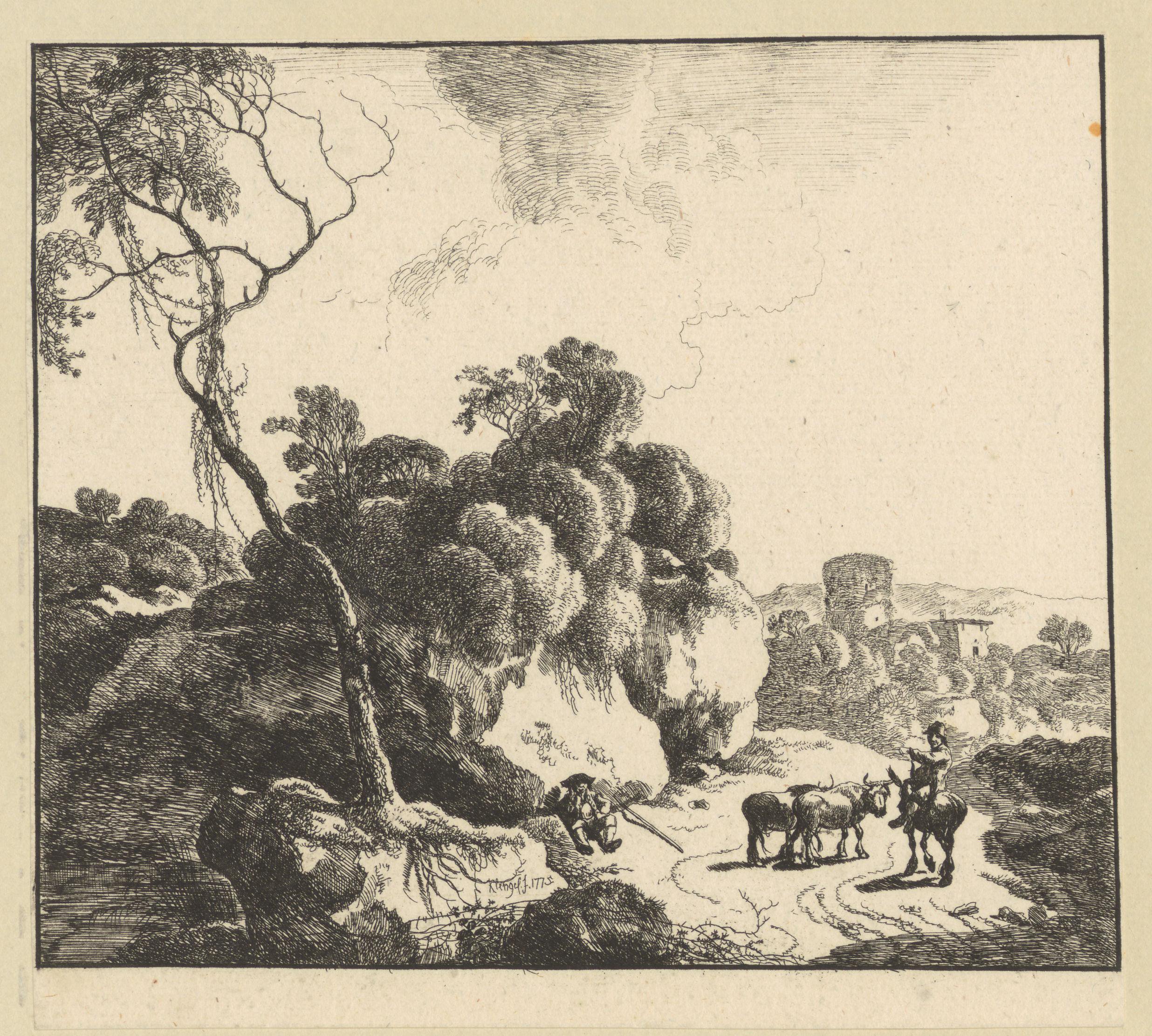 Landschap met ruïne en een herder te paard met twee runderen, langs het pad een rustende reiziger