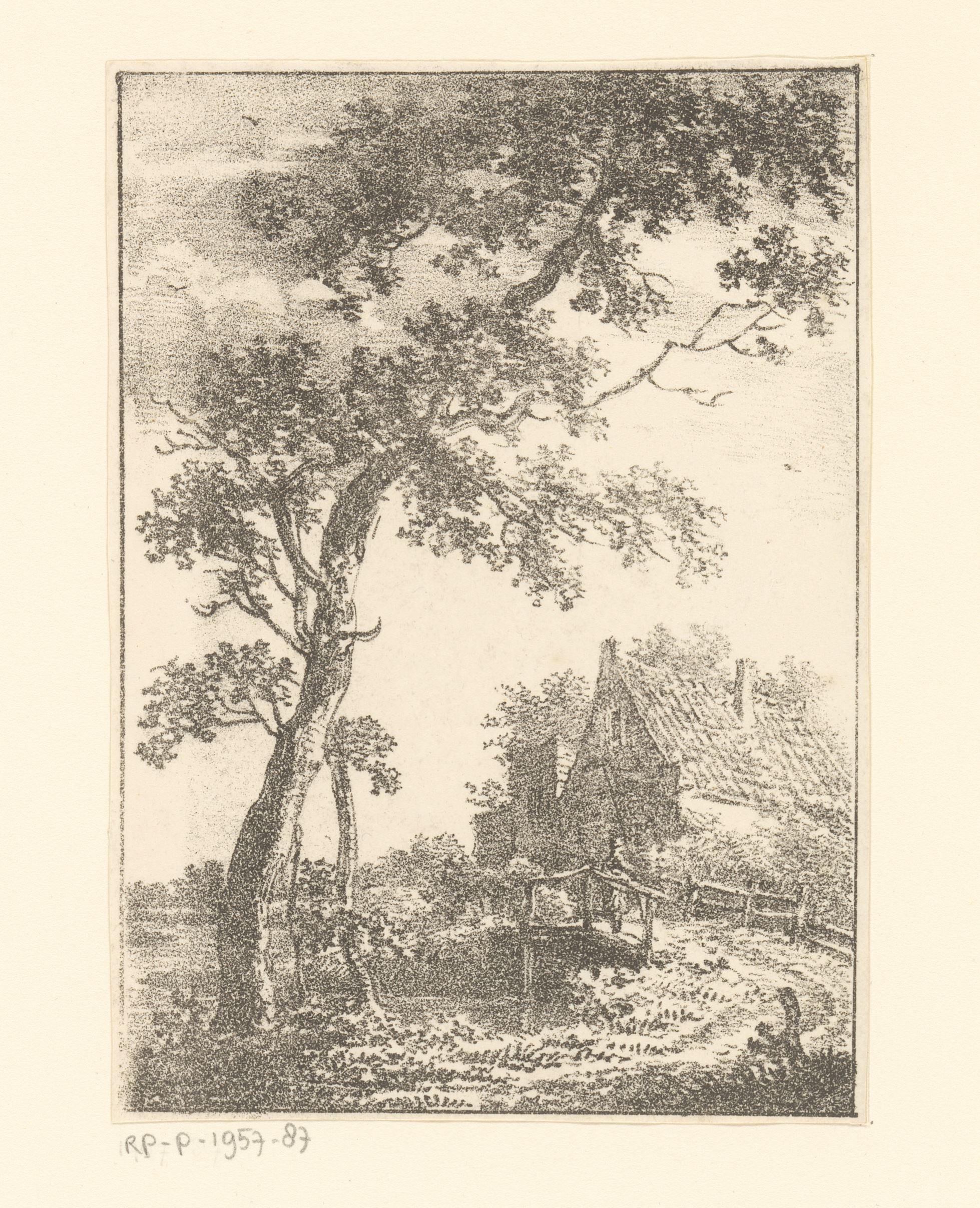 Landschap met boom, brug en huis