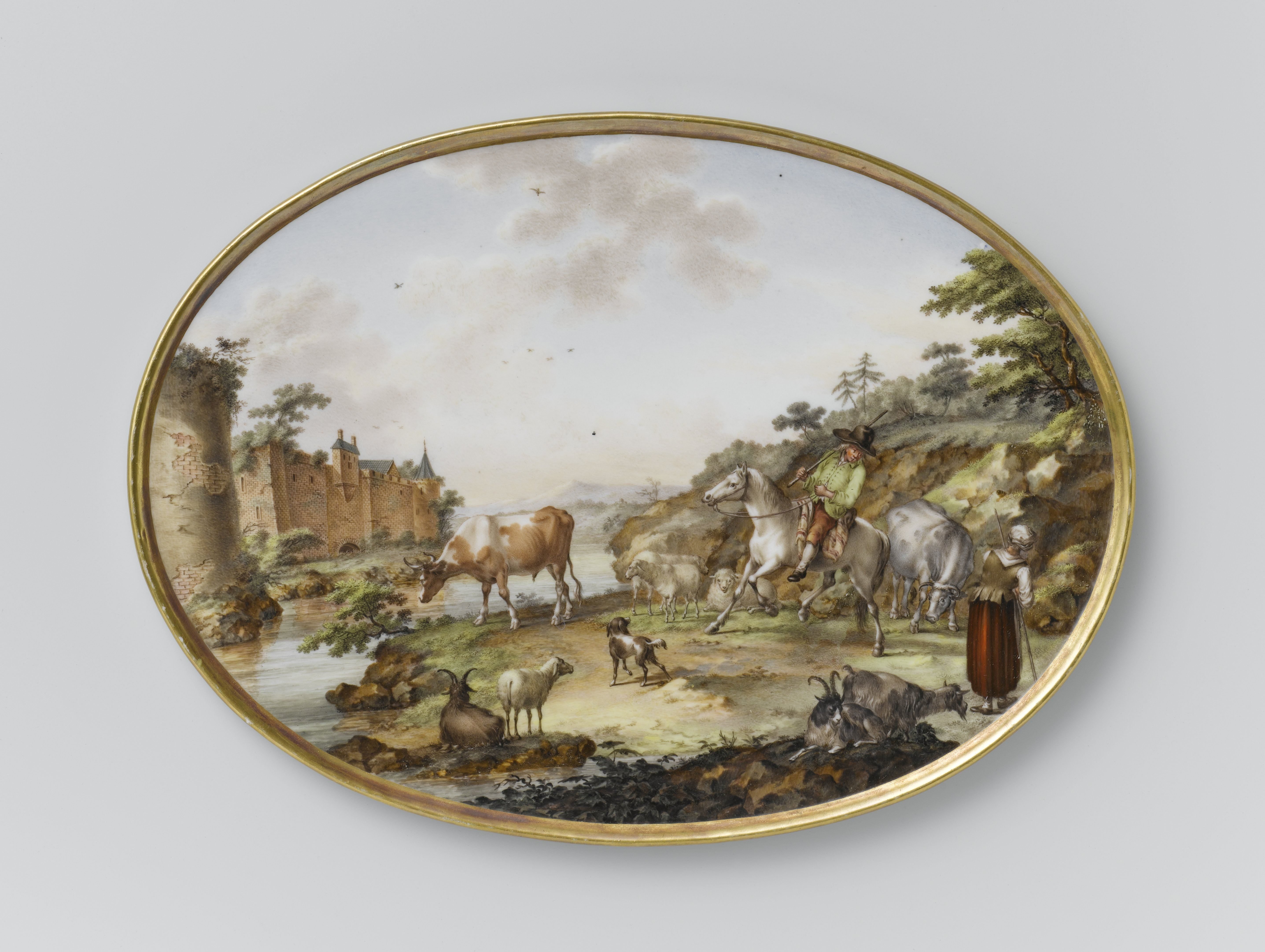 Twee ovale platen met figuren en vee in een rivierlandschap
