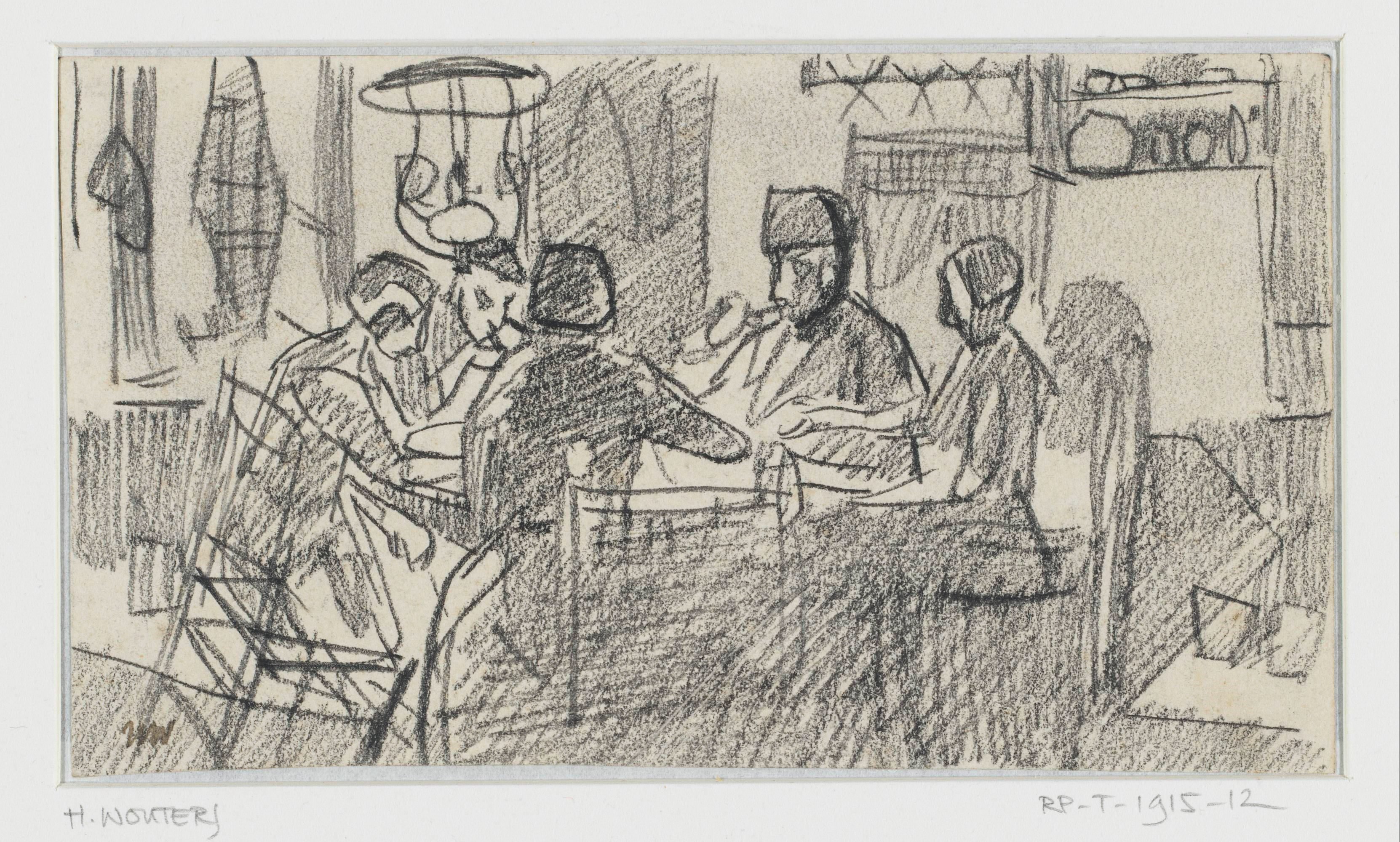 Boereninterieur met vijf mensen aan tafel