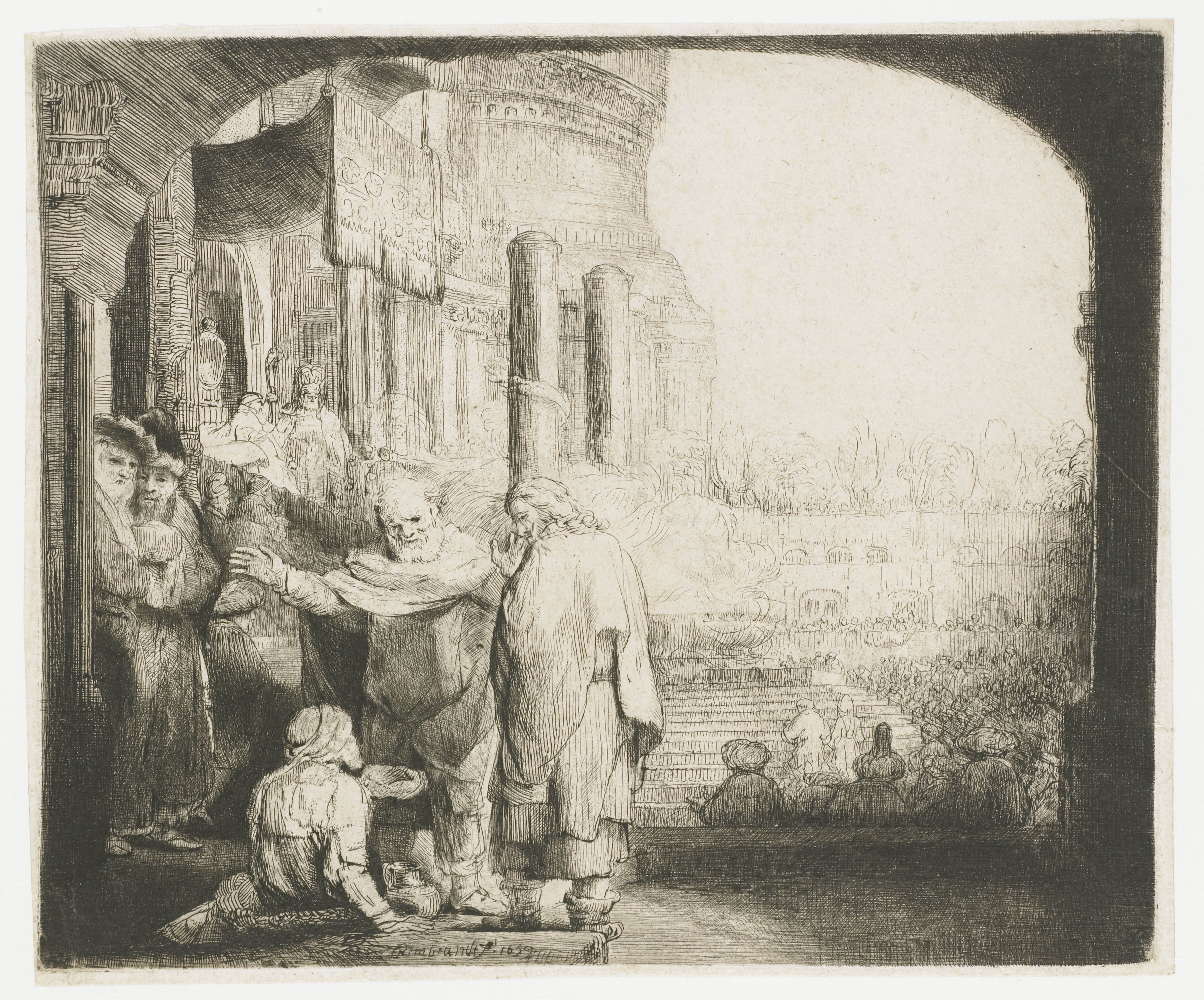 Peter and John heal a paralyzed man at the temple gate