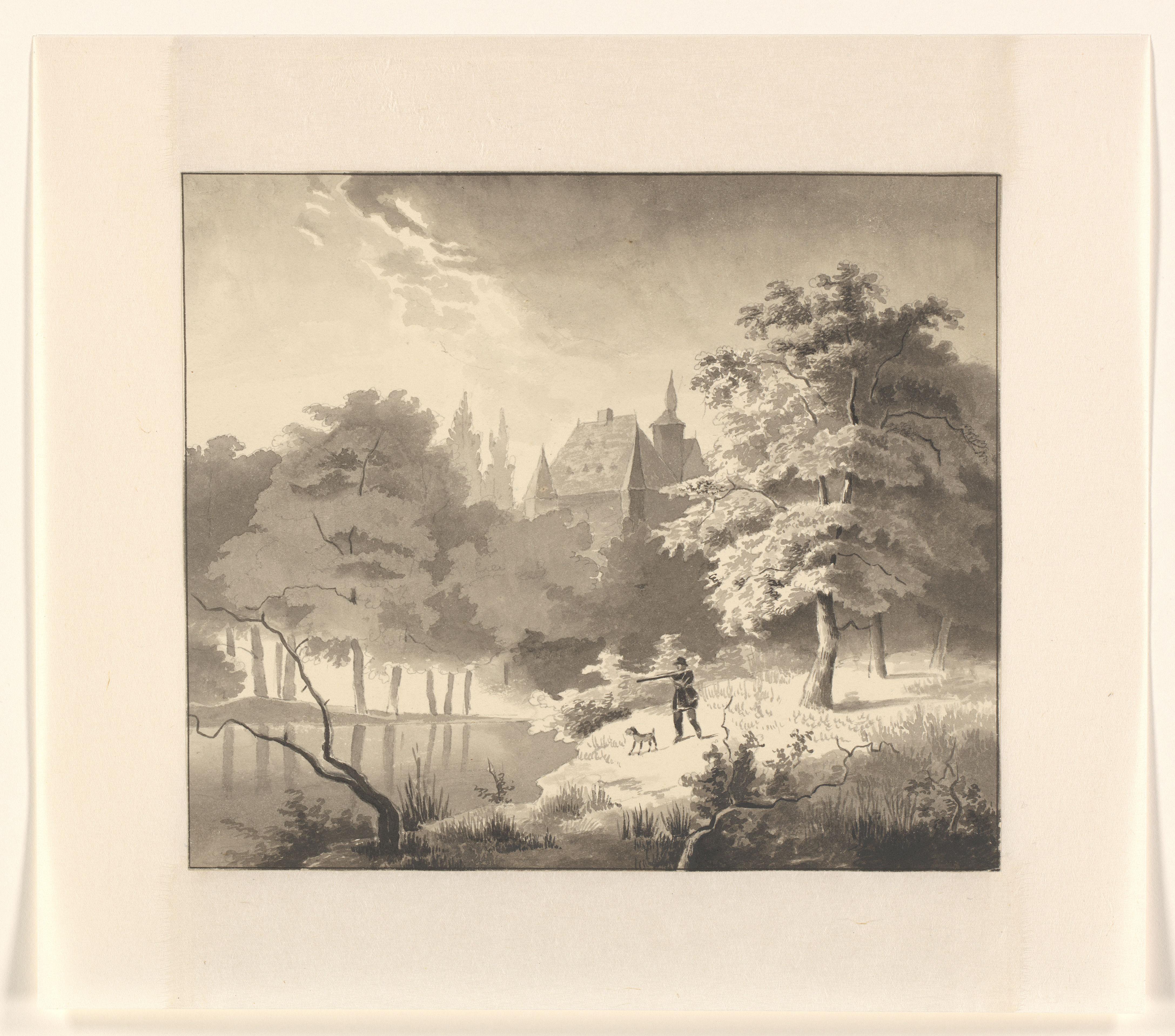 Landschap met een kasteel en jager met hond