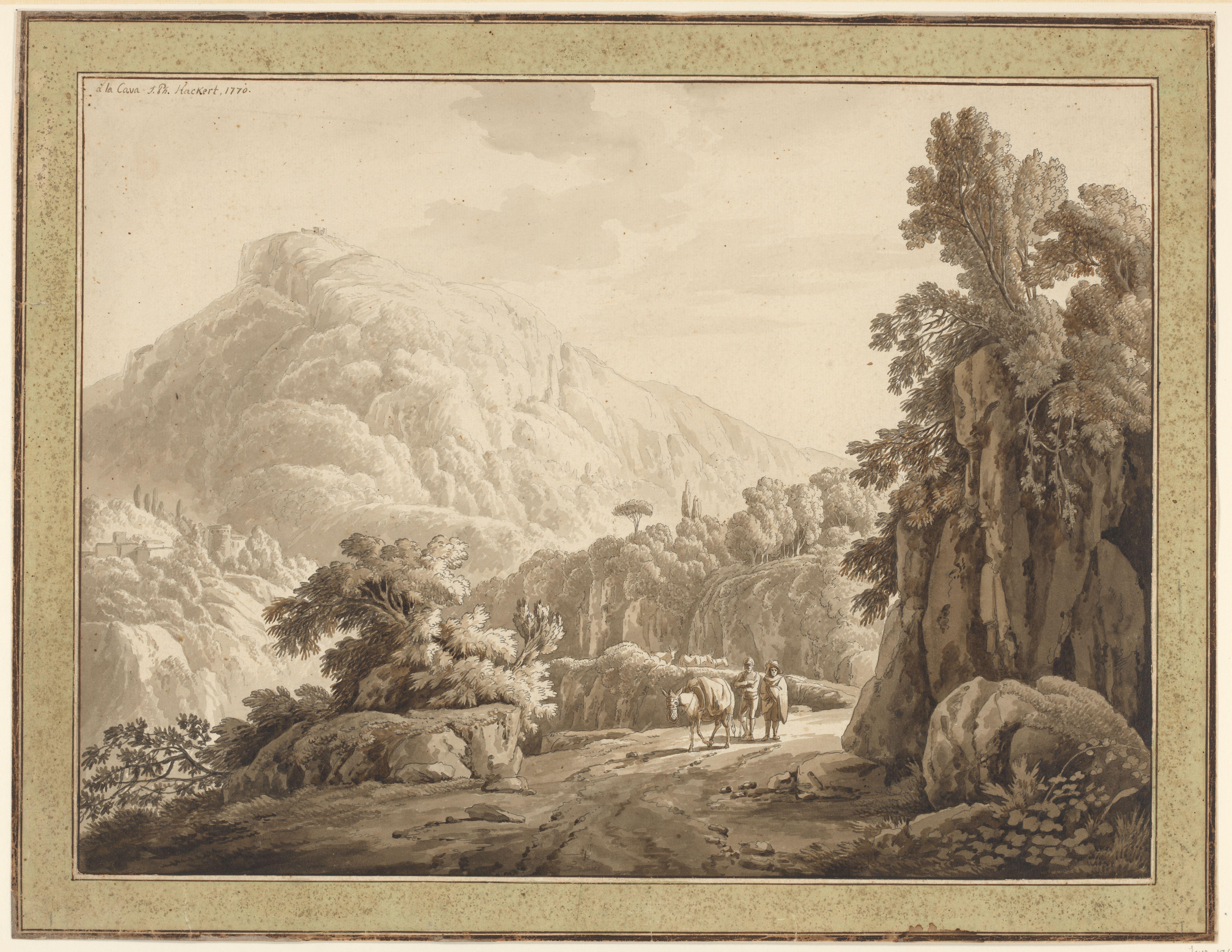 Romeins landschap met bergweg waarop twee mannen met een muilezel