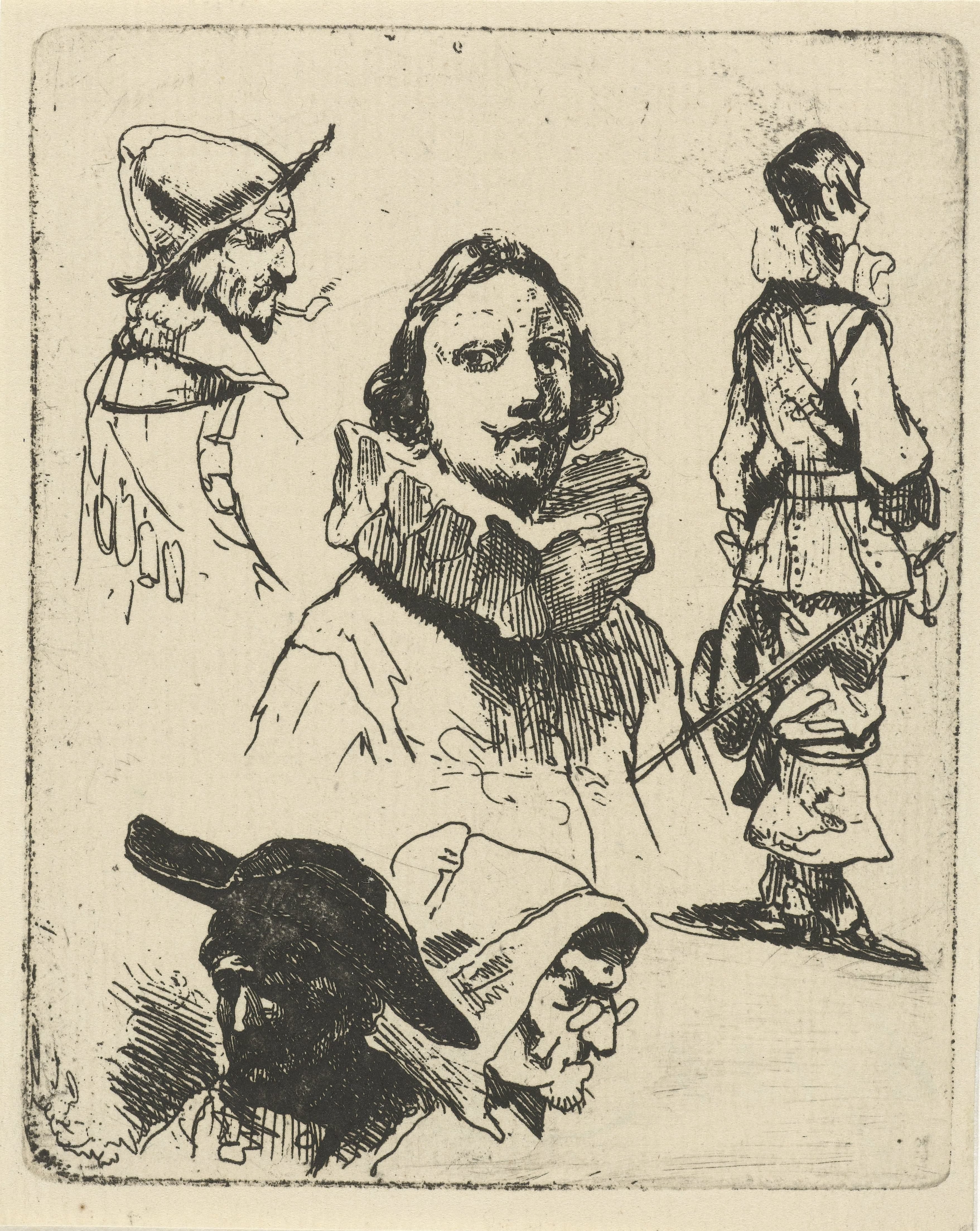 Studieblad met soldaten en een oude vrouw