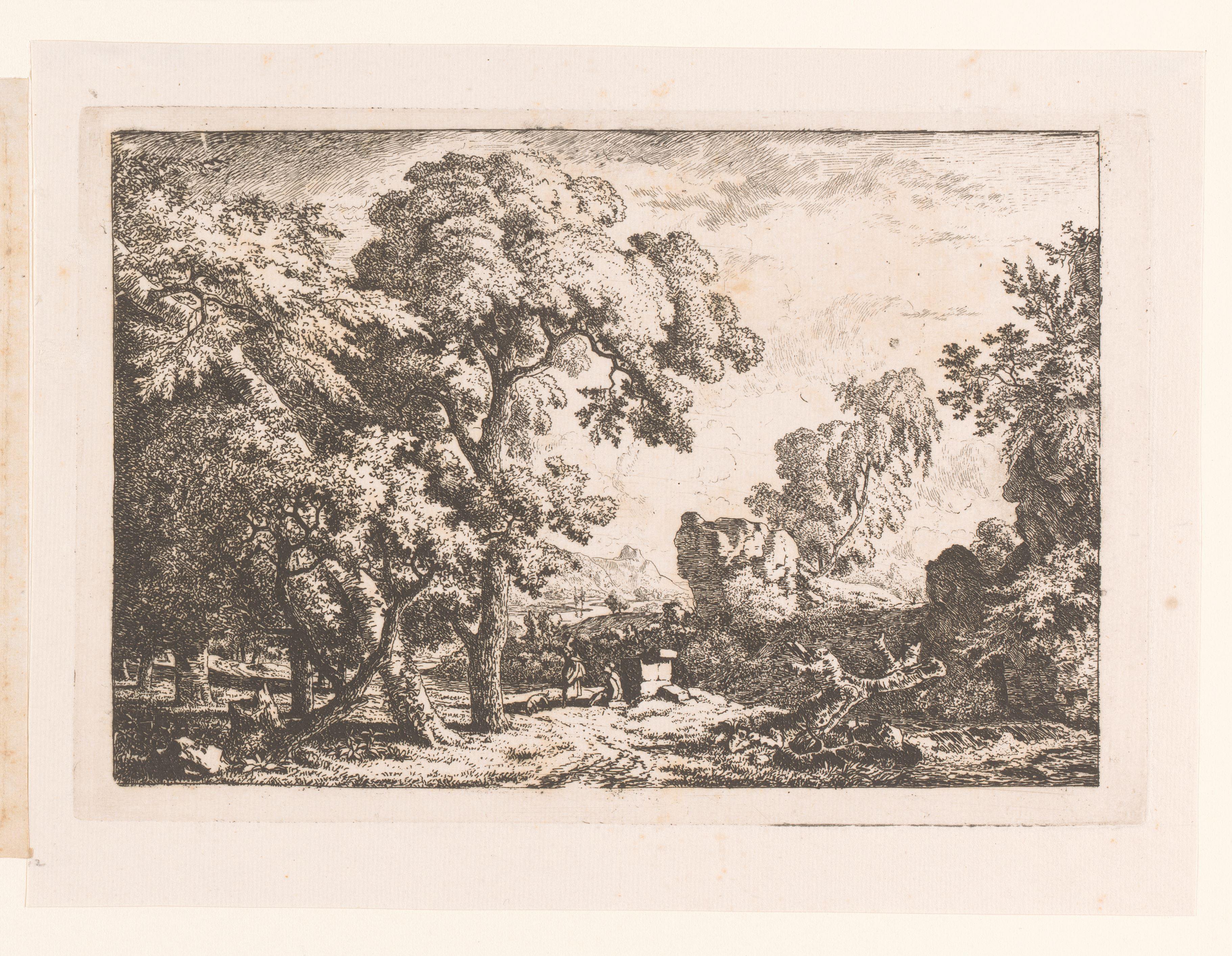 Landschap met twee figuren bij een rots