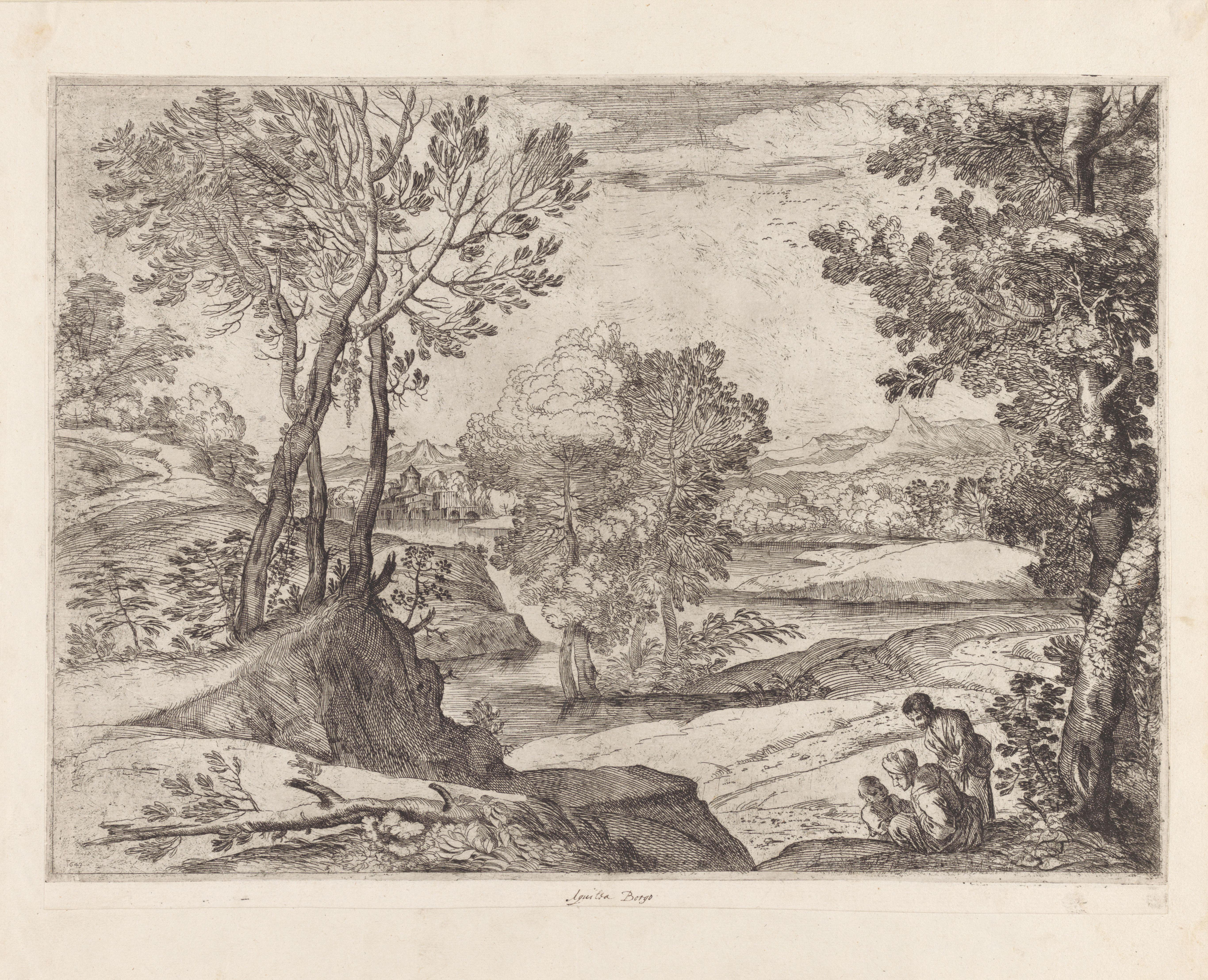 Landschap met een vrouw, man en kind