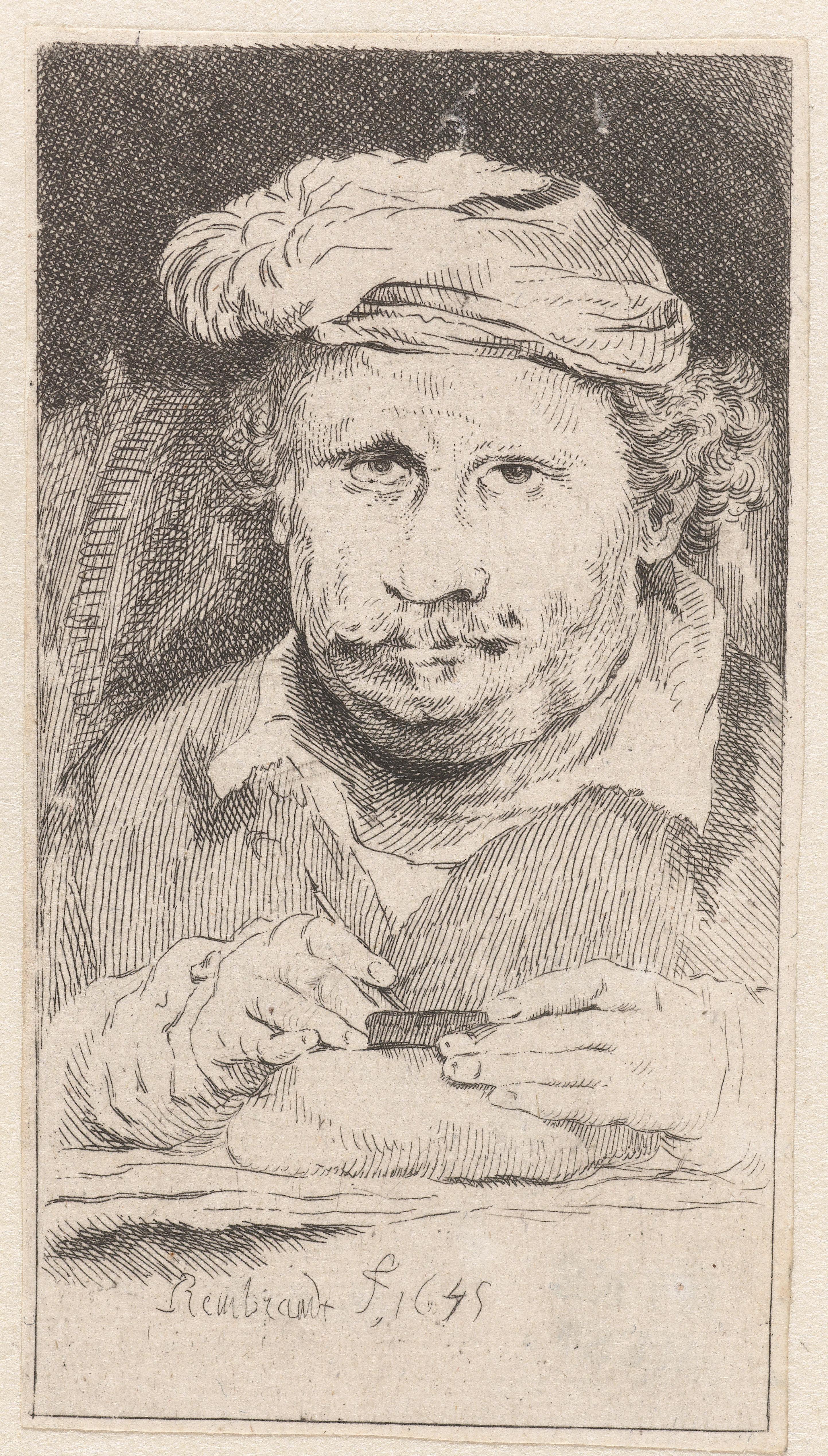 Self-portrait, drawing on an etching-plate