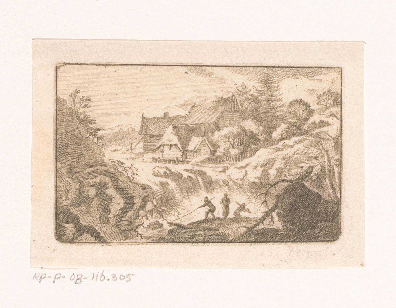 Landschap met huizen achter een waterval
