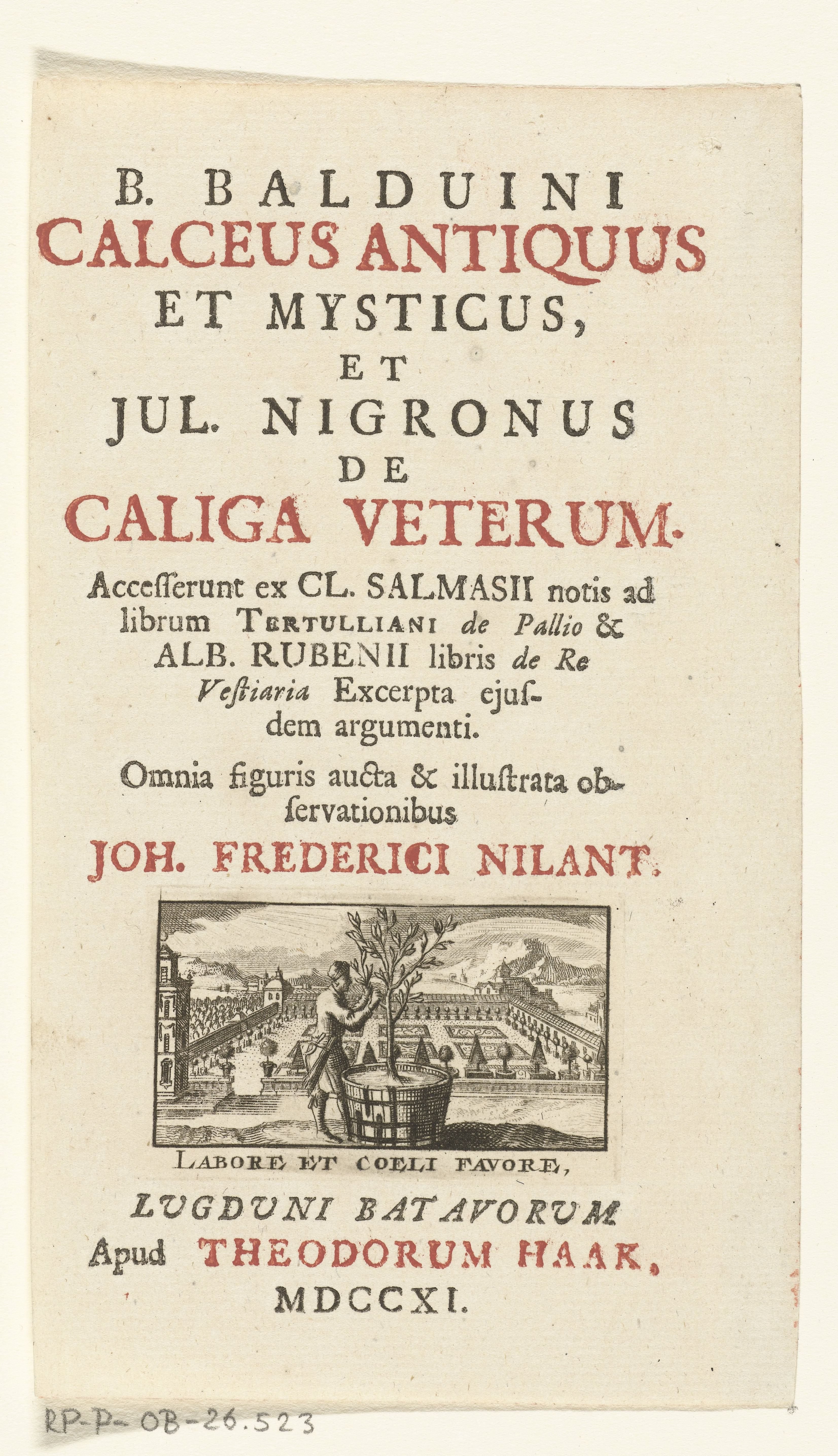 Titelpagina voor: B. Balduinus, Calceus antiquus et mysticus; J. Nigronus, De caliga veterum. Leiden, 1711