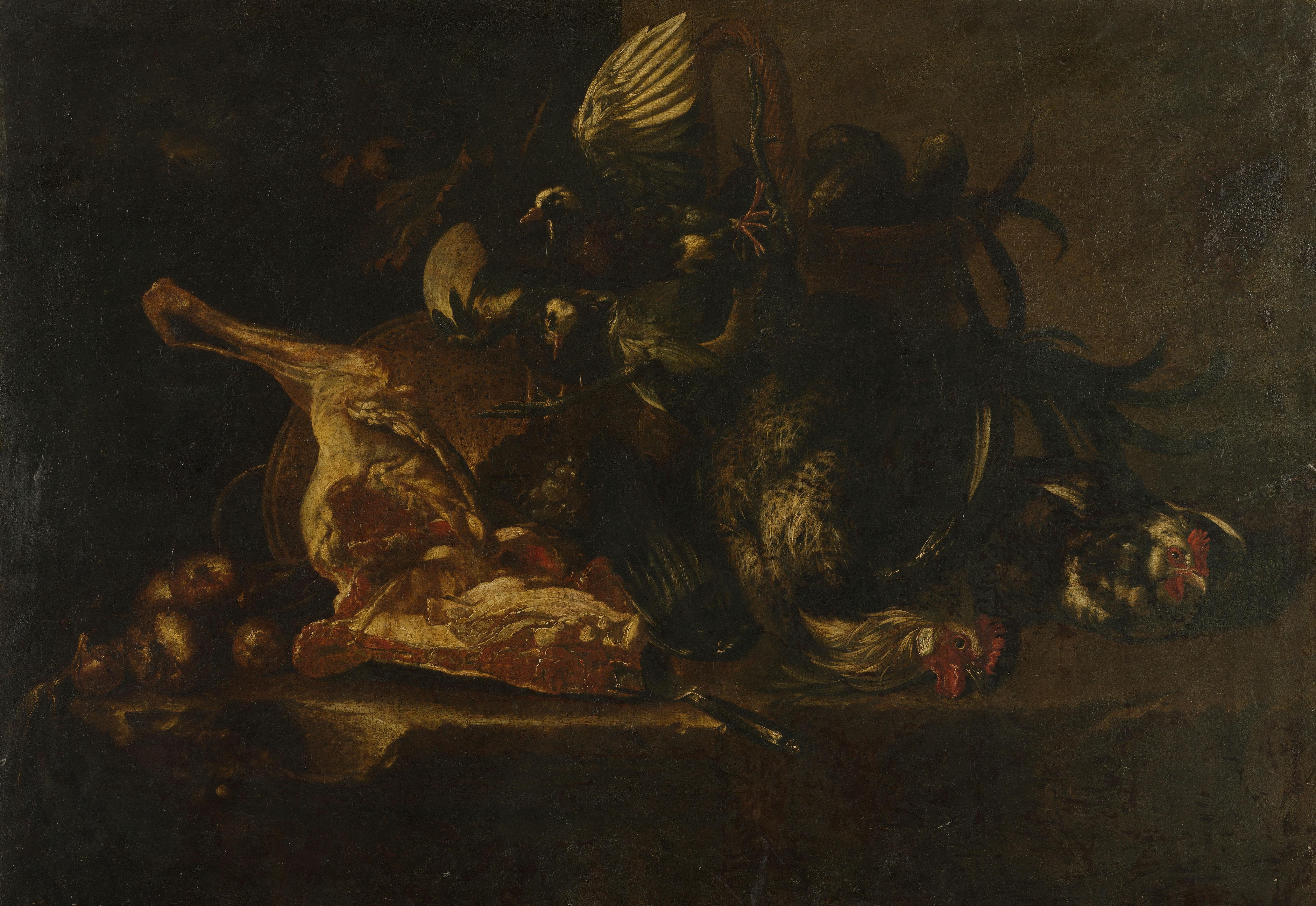 Still life with meat and dead birds