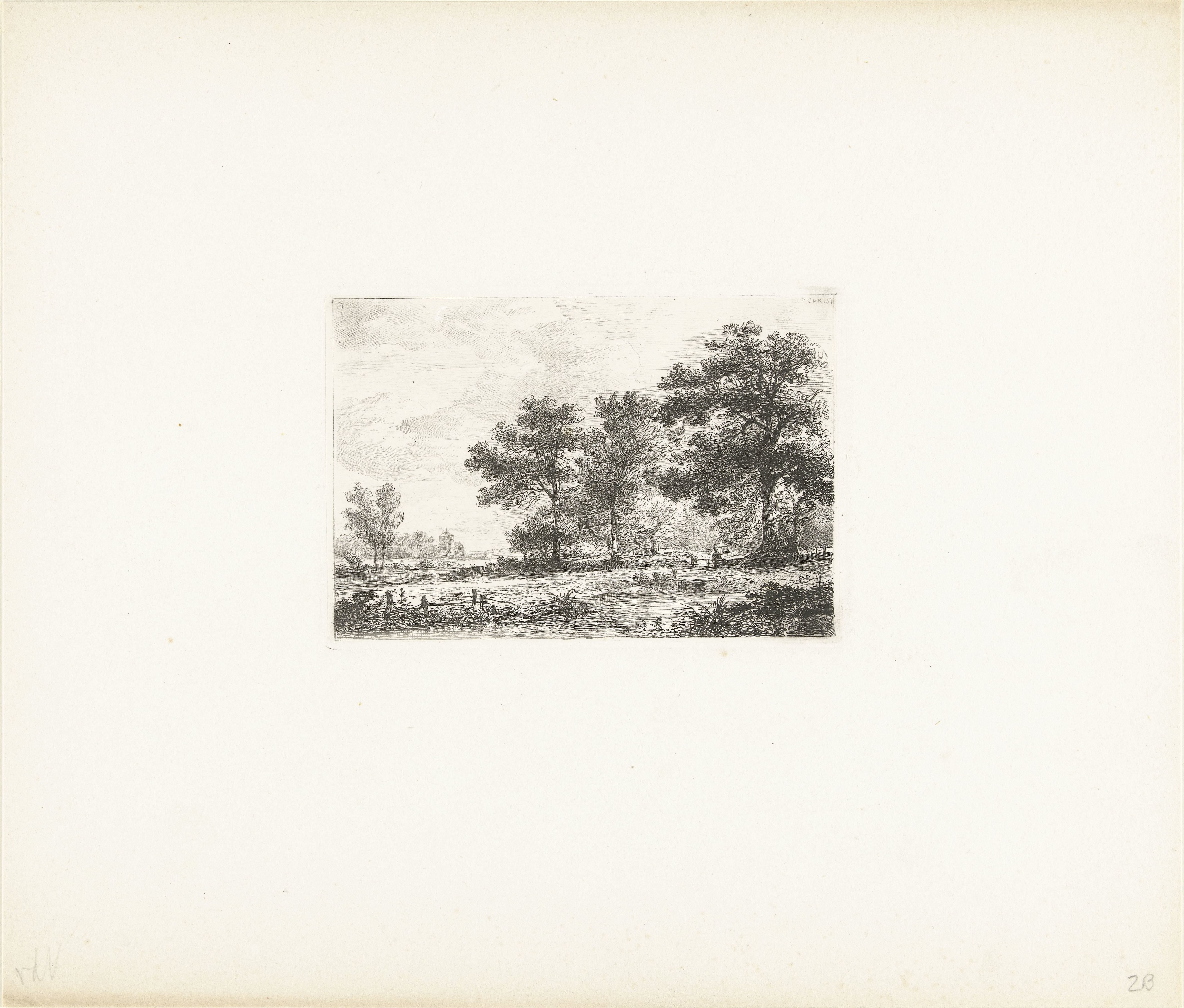 Landschap met een man op een bankje onder een boom