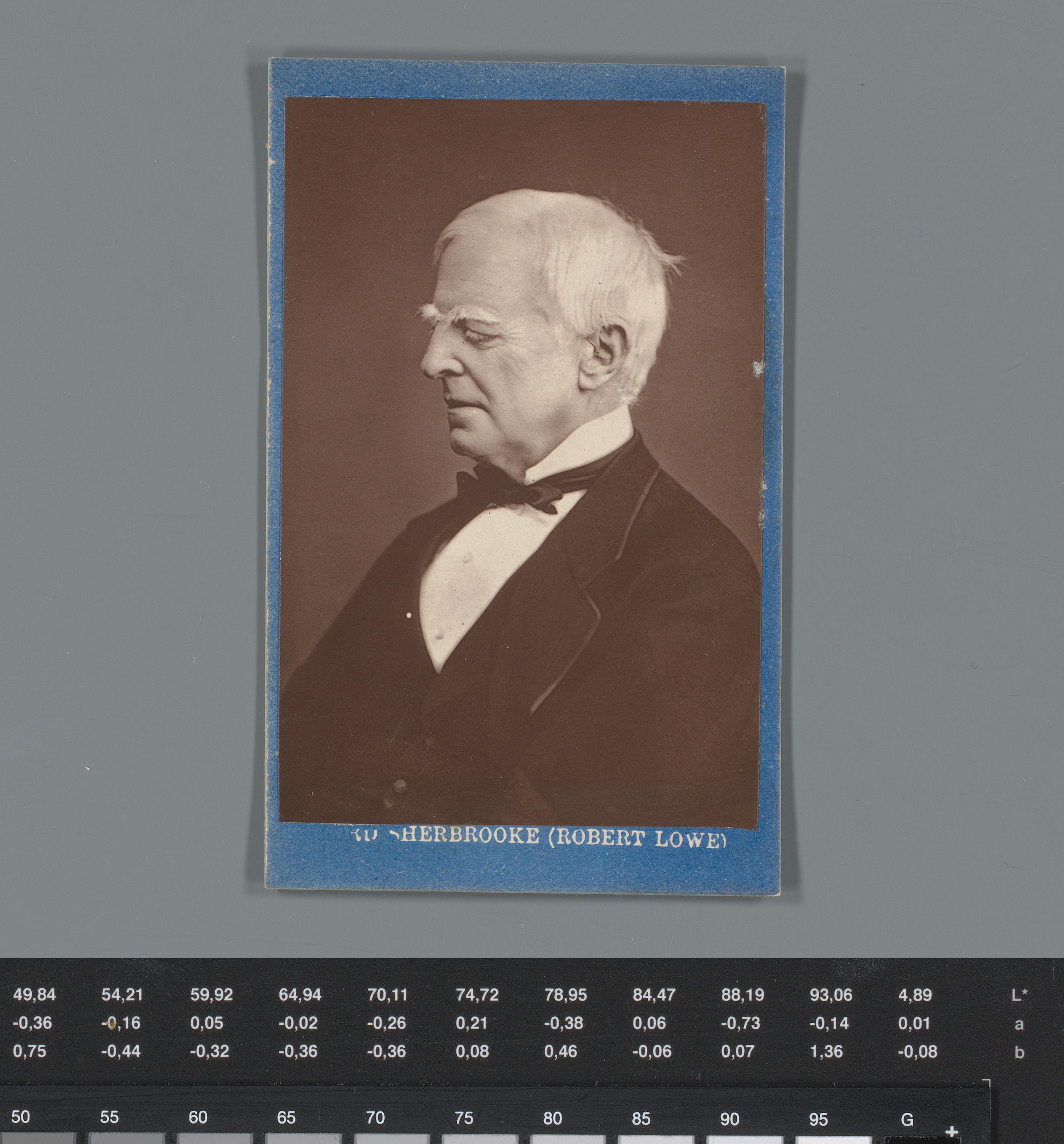 Reclame voor stoffen van McIlroy Bros. met een portret van Robert Lowe