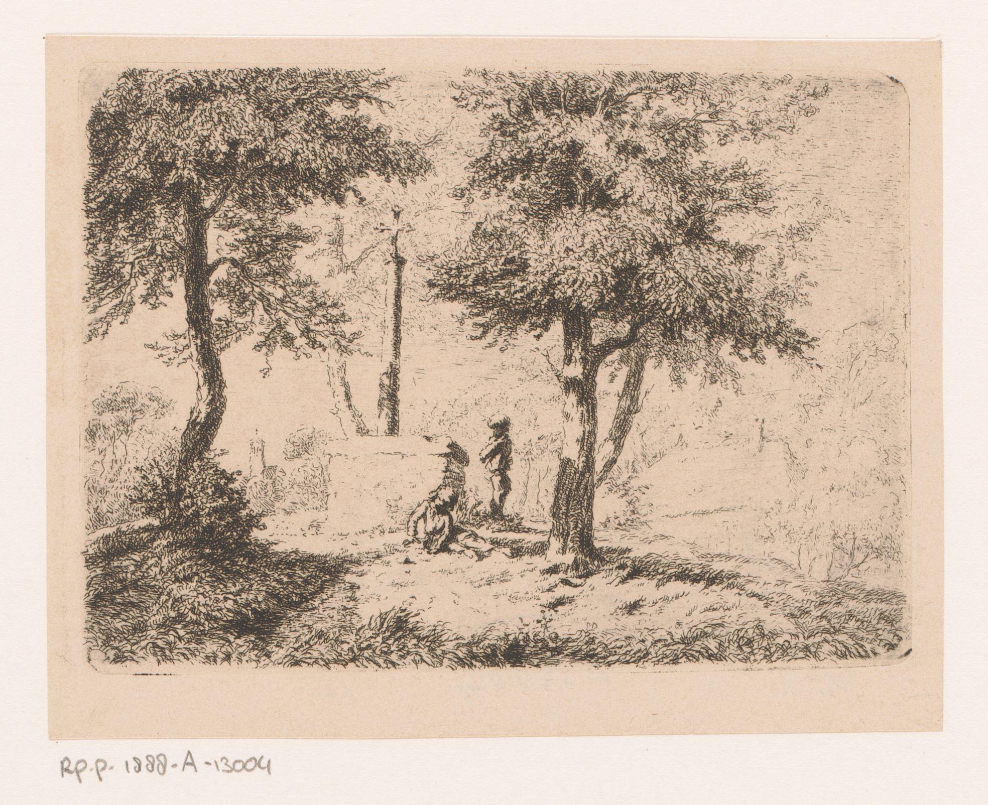 Twee kinderen bij een hagelkruis in het landschap