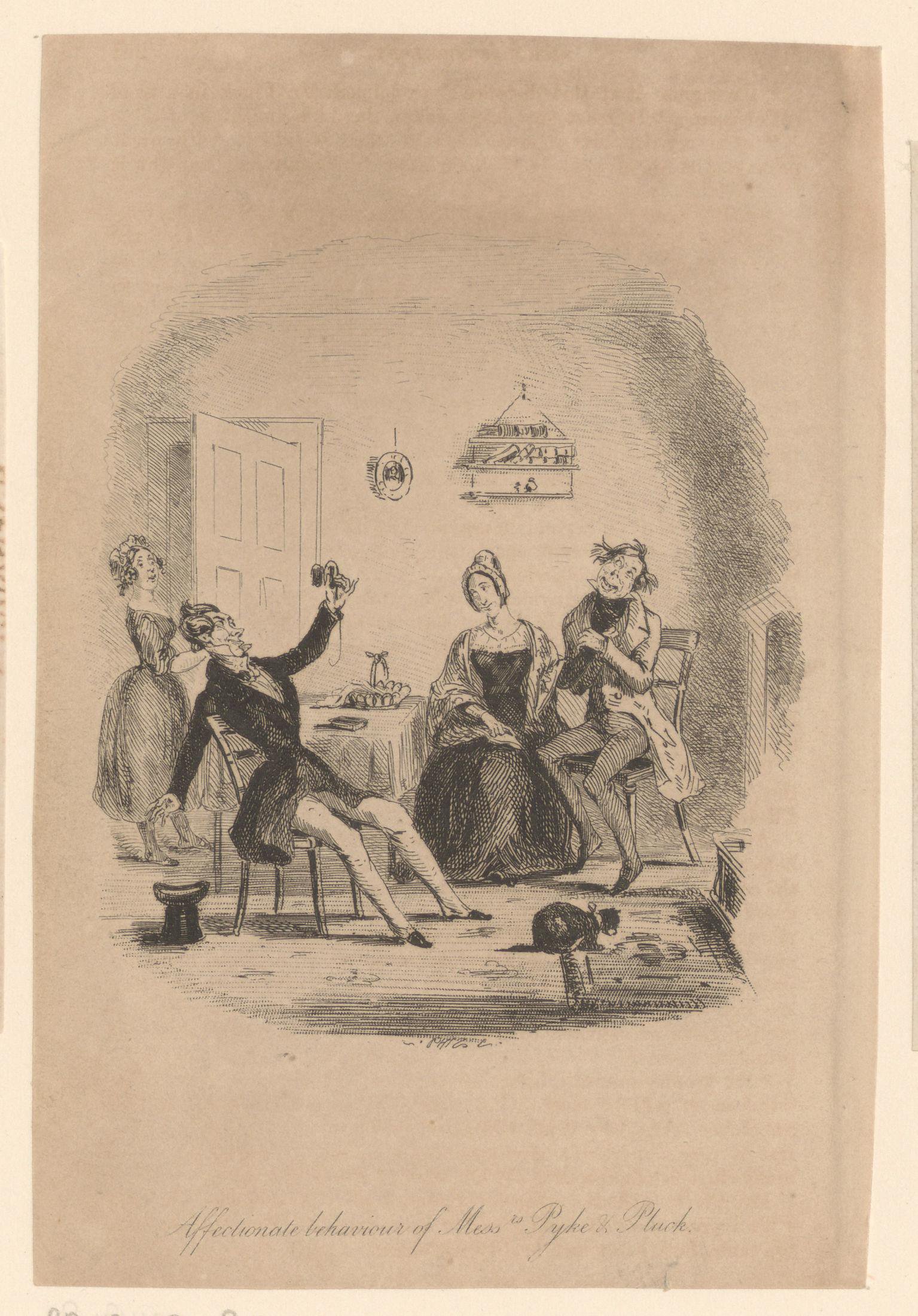 Meneer Pluck en meneer Pyke op bezoek bij Catherine en Kate Nickleby