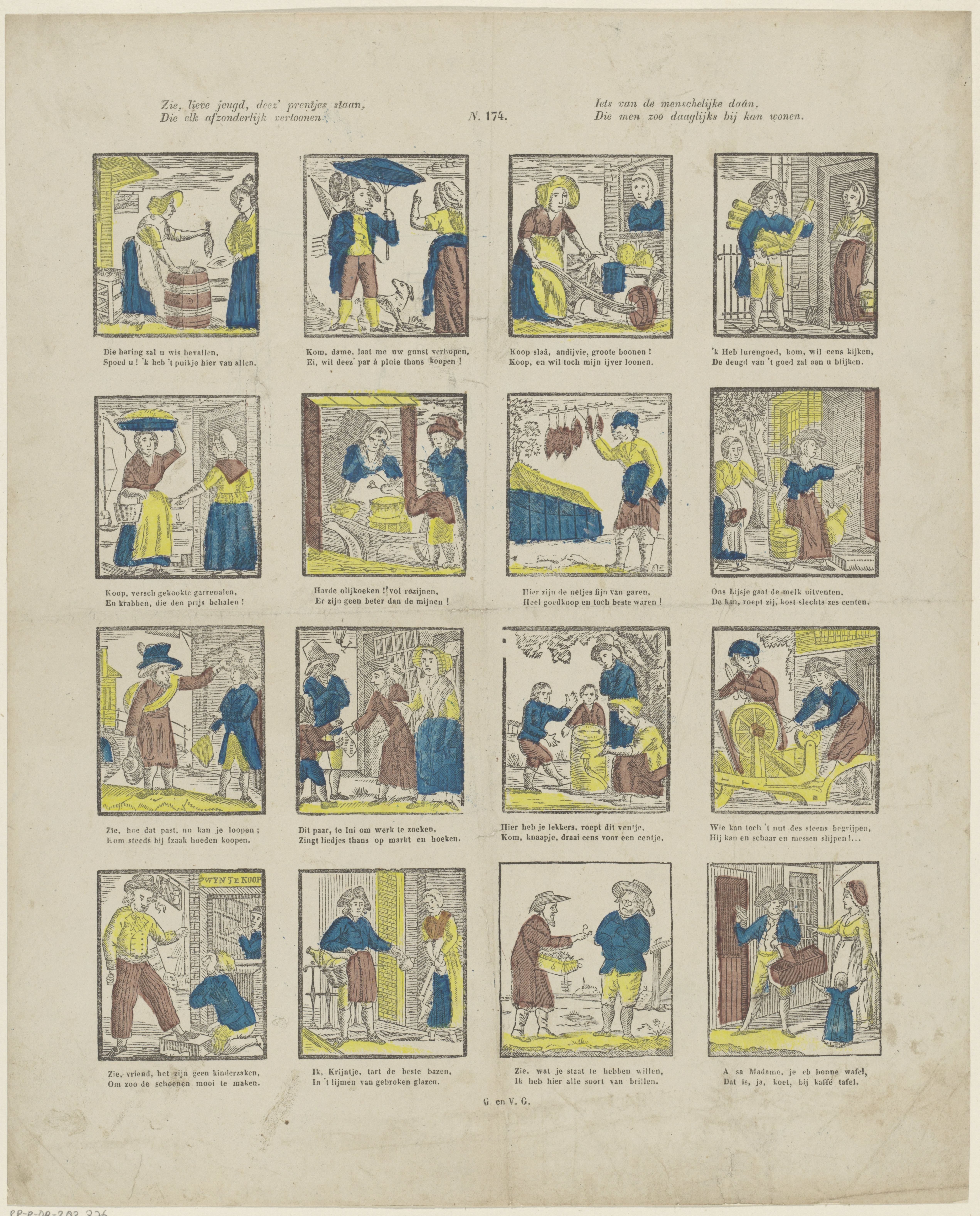 Zie, lieve jeugd, deez' prentjes staan, / Die elk afzonderlijk vertoonen / Iets van de menschelijke daán, / Die men zoo daaglijks bij kan wonen