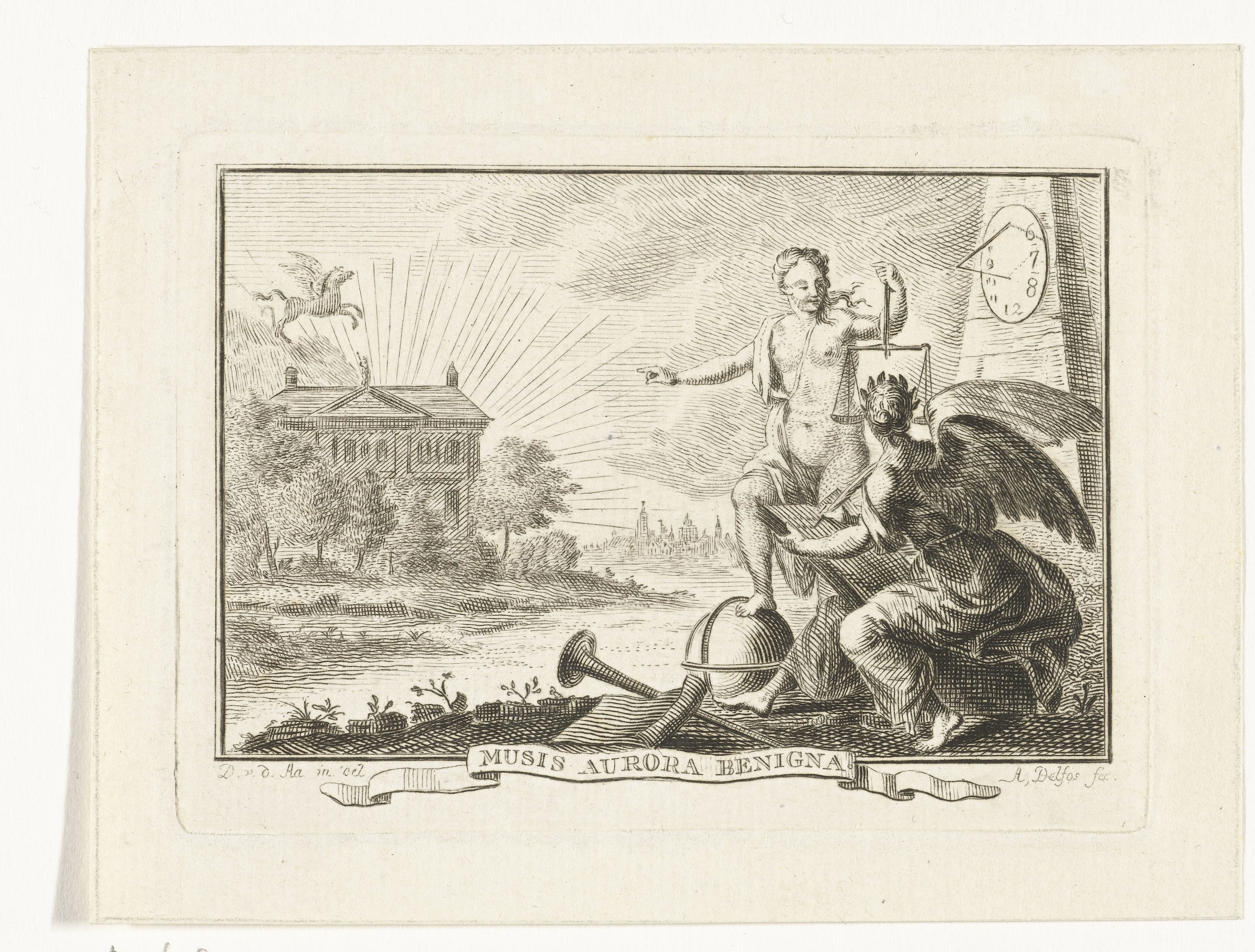 Allegorie op het ochtendgloren met personificatie van Aurora