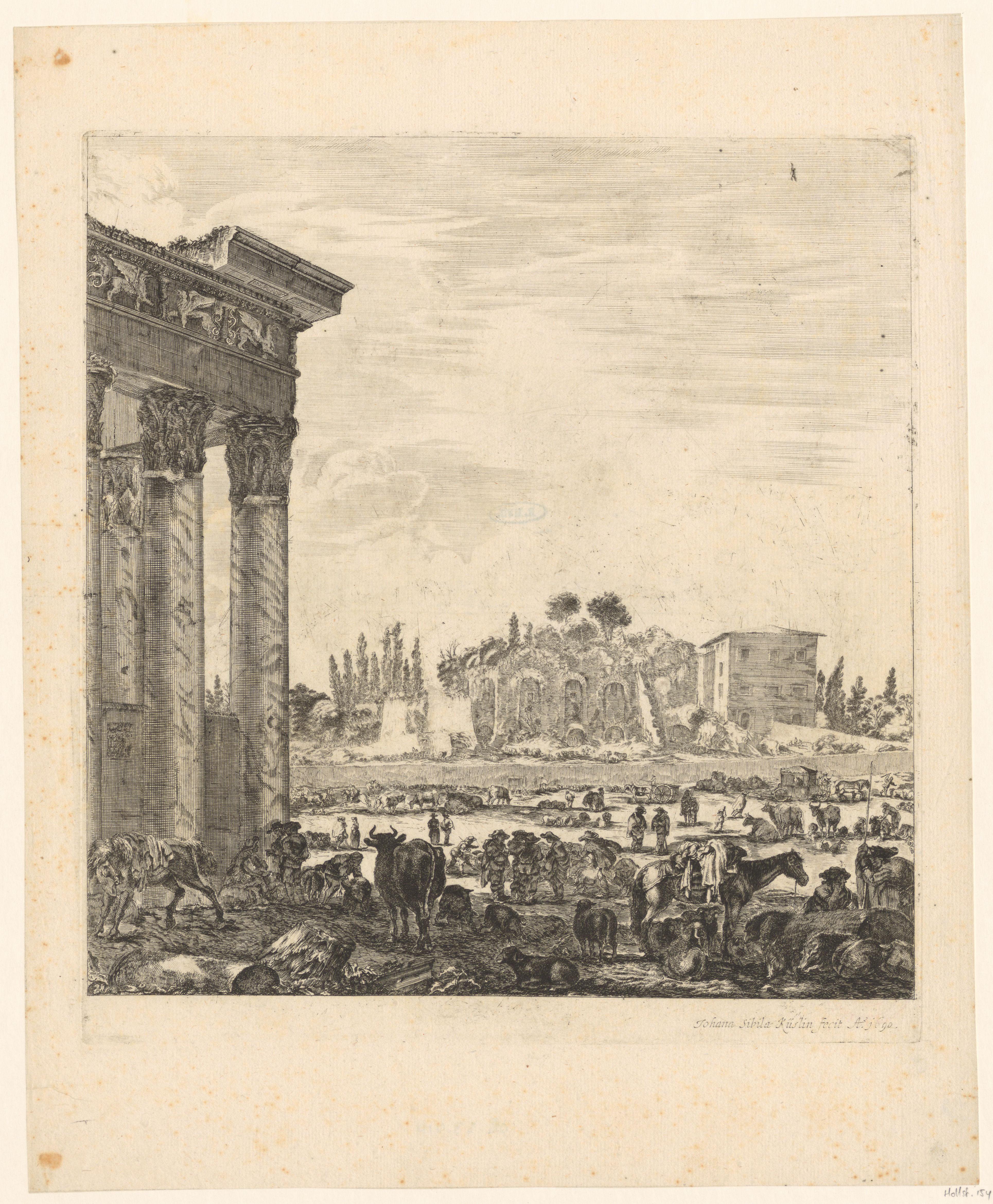 Gezicht op het Forum Romanum met de Tempel van Antoninus en Faustina en de Palatijn