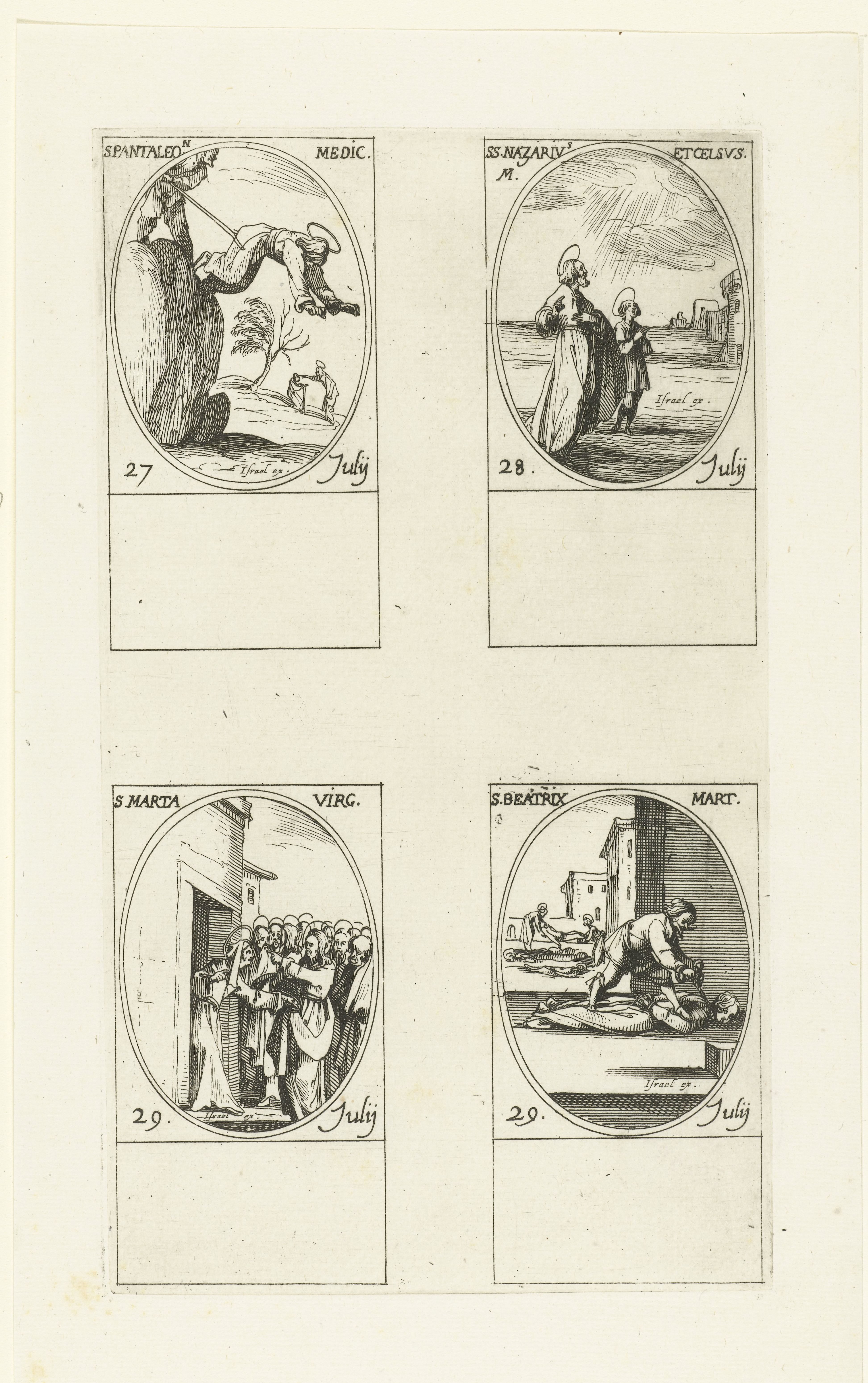 Heilige Pantaleon van Nicomedië, Heilige Nazarius en Heilige Celsus van Milaan, Heilige Martha van Bethanië, Heilige Beatrix van Rome (27-29 juli)