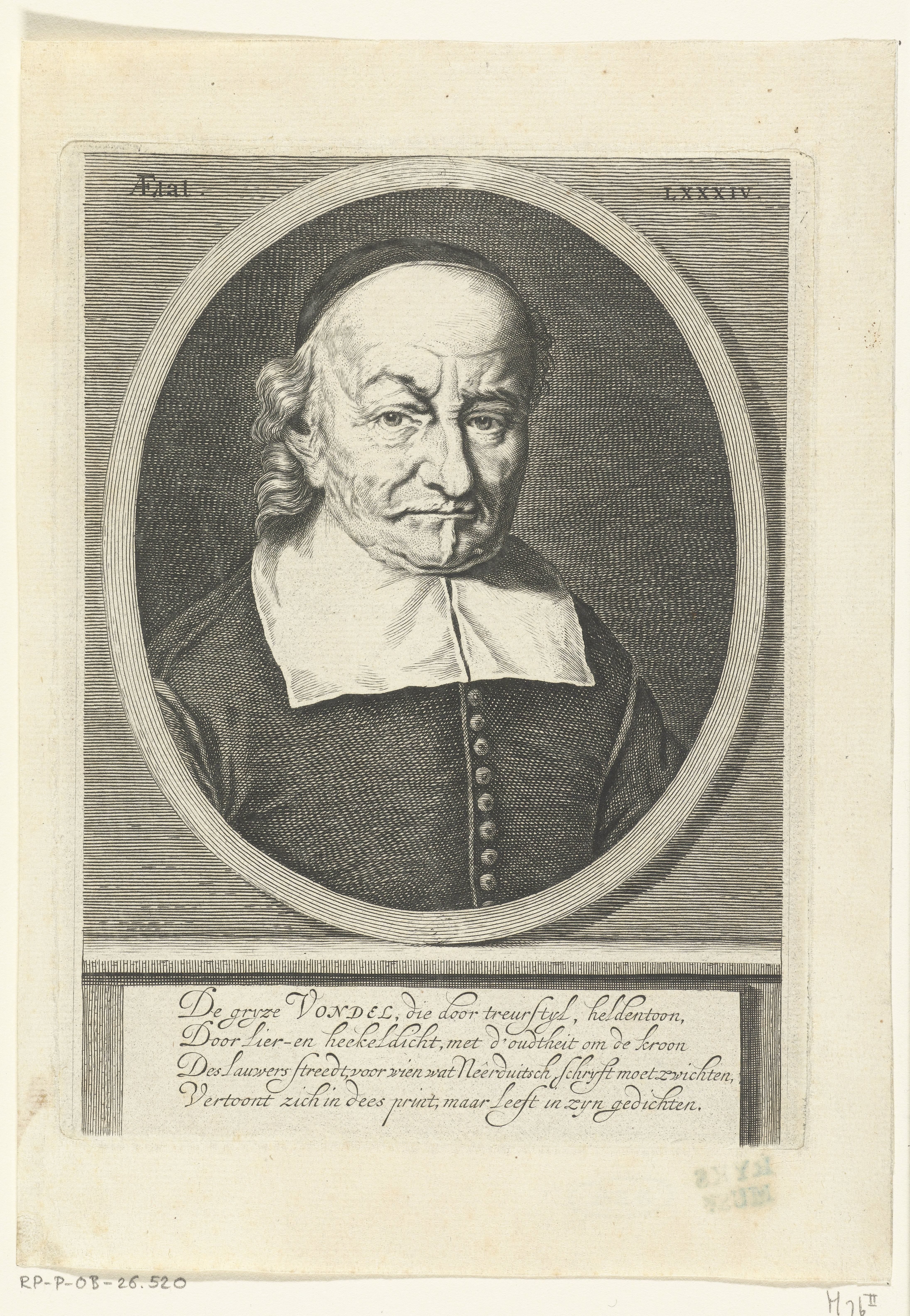 Portret van Joost van den Vondel op 84-jarige leeftijd