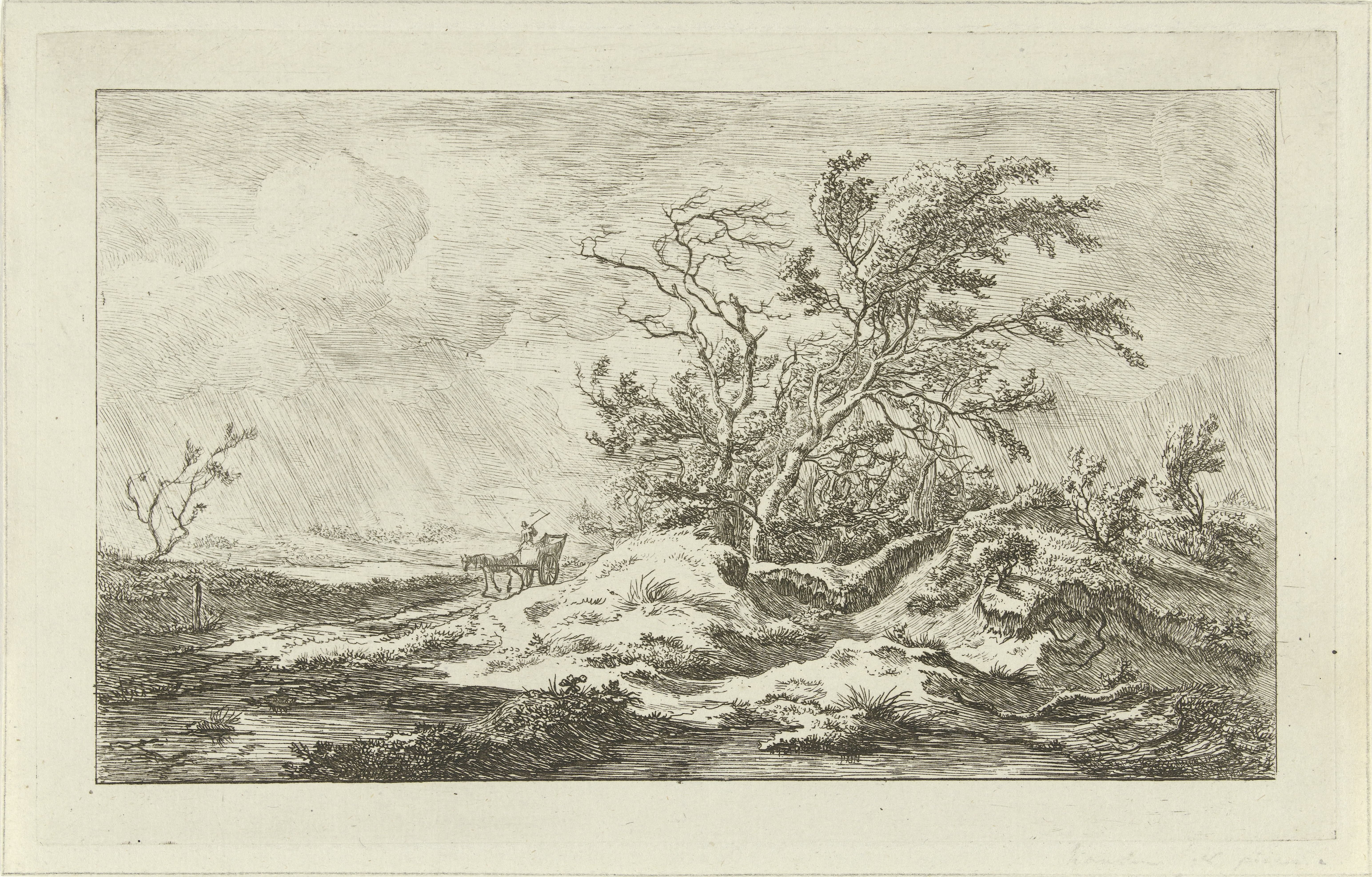 Paard met wagen in een landschap