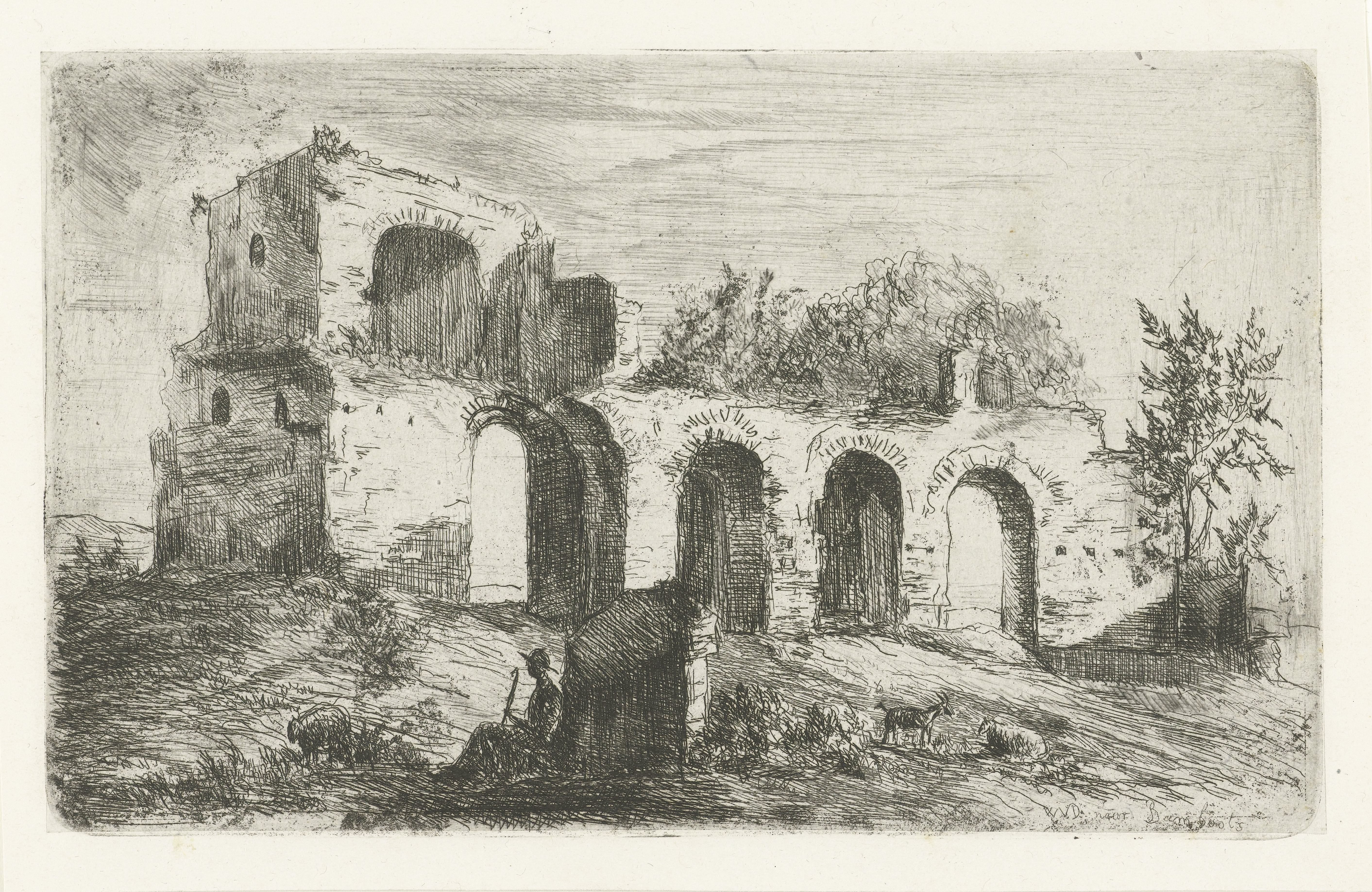 Zuidelijk landschap met ruïne en herder met vee