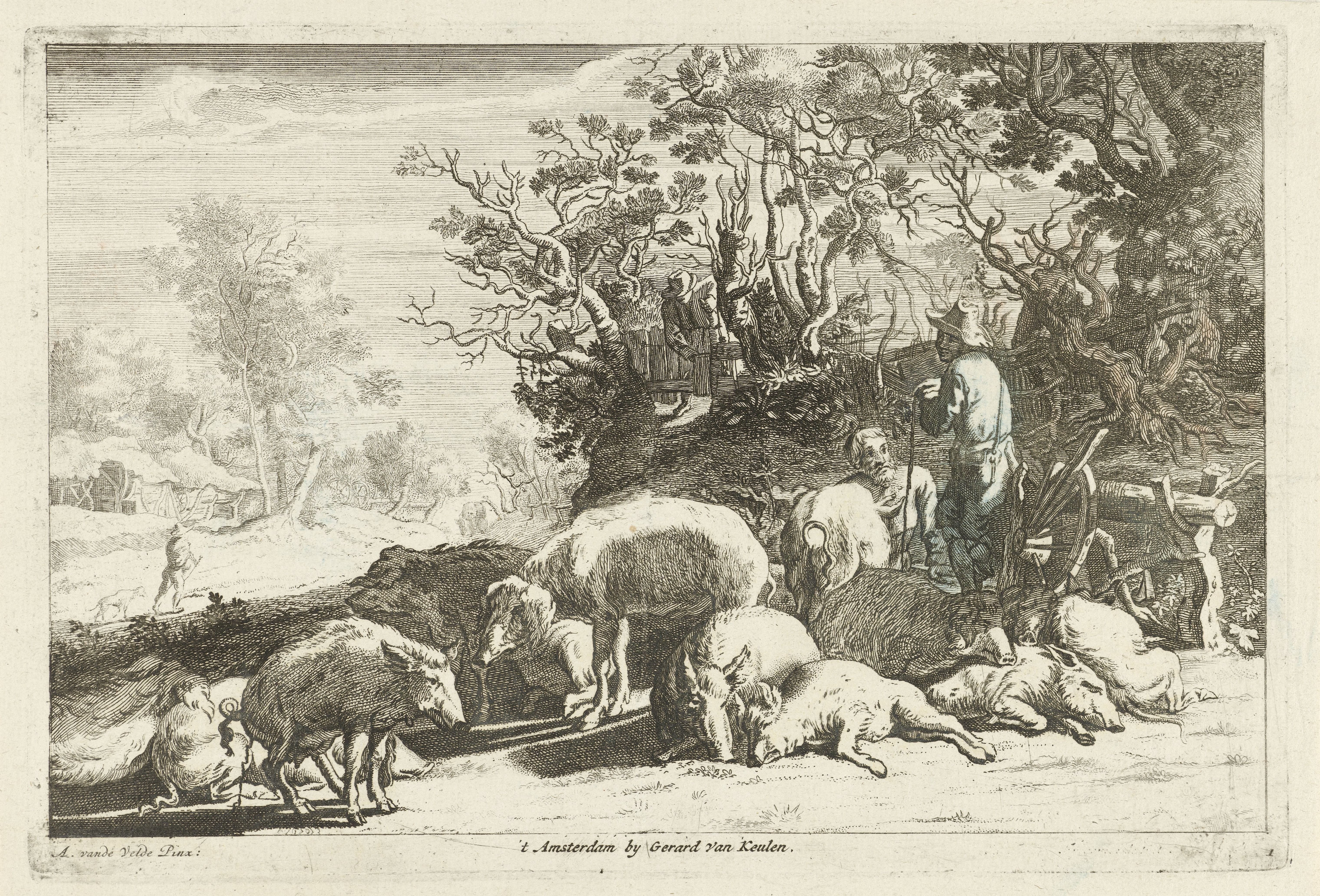 Varkenshoeder met kudde varkens