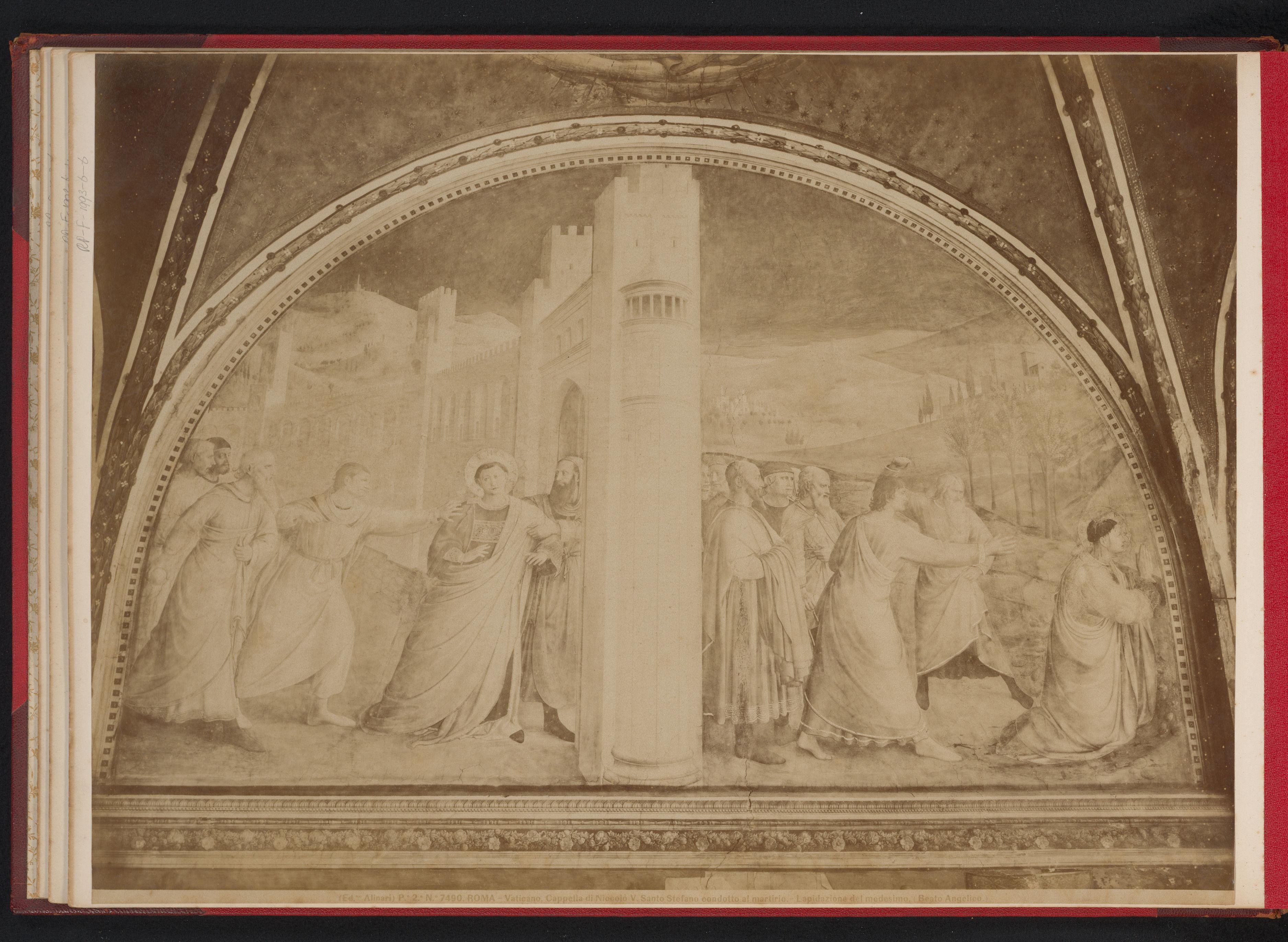 Fotoreproductie van fresco De heilige Stefanus in de marteldood geleid en Steniging van de heilige Stefano, door Fra Angelico, Kapel van Nicolaas V, Vaticaan