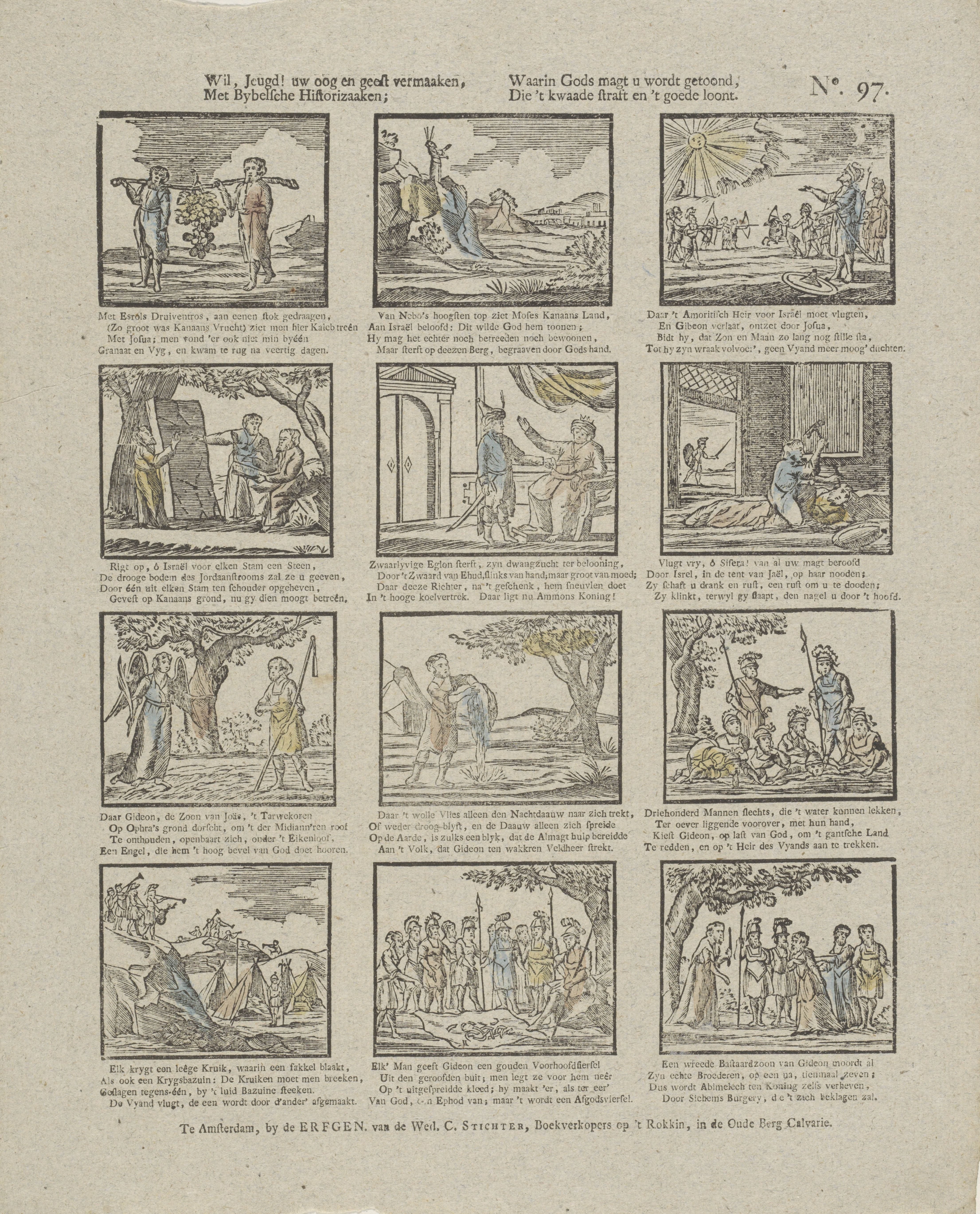 Wil, jeugd! uw oog en geest vermaaken, / Met Bybelsche historizaaken; / Waarin gods magt u wordt getoond, / Die 't kwaade straft en 't goede loont