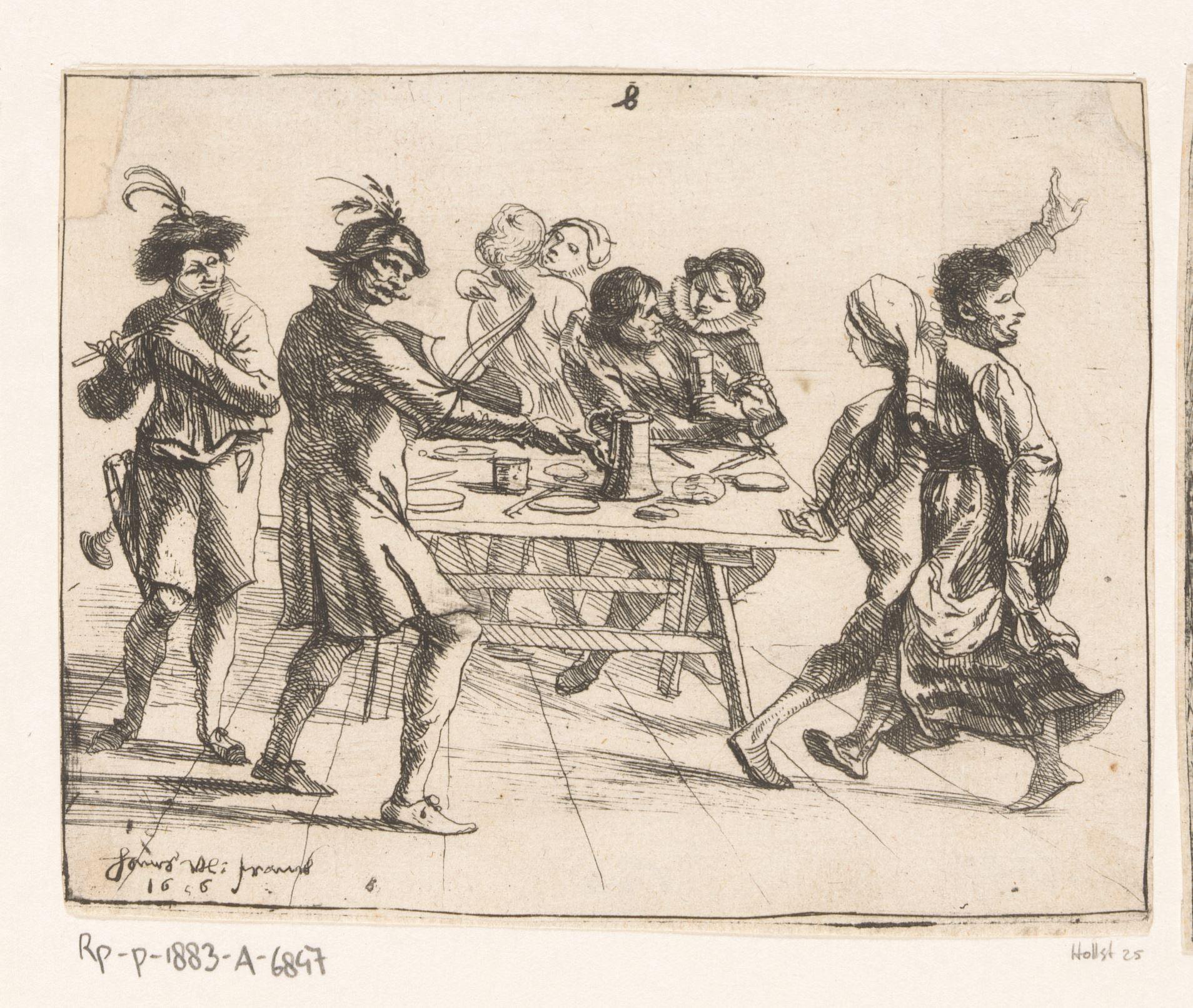 Muzikanten en dansende soldaten in een herberg